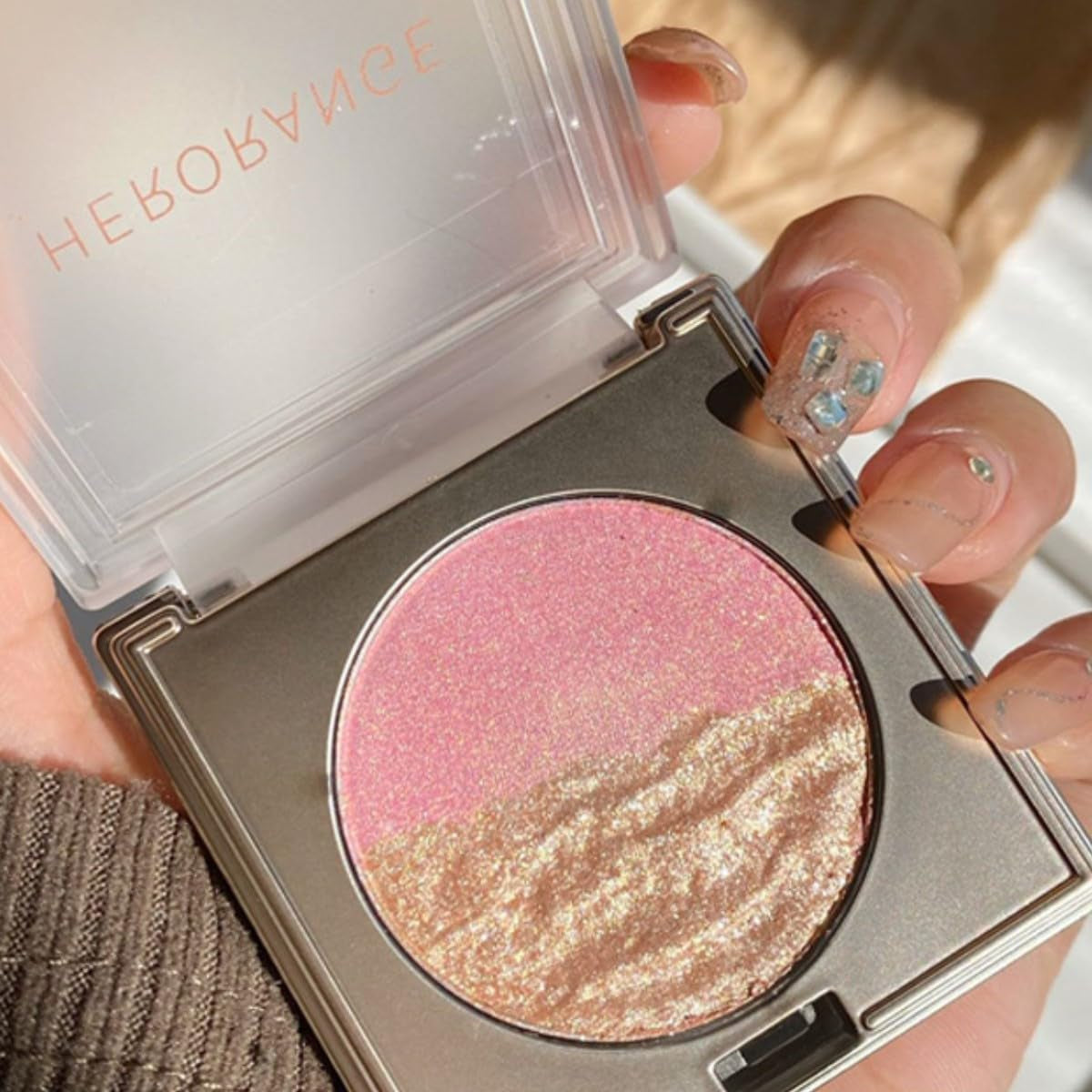 KARLOR 2-In-1 Highlighter Blush Puder, Rosa & Golden Highlighter Blush Palette Make up Highlighter Gesicht Puder Blush Wange Highlighter Nase Hals Glitzer Lidschatten Perlmutt Highlighter Rouge(02)