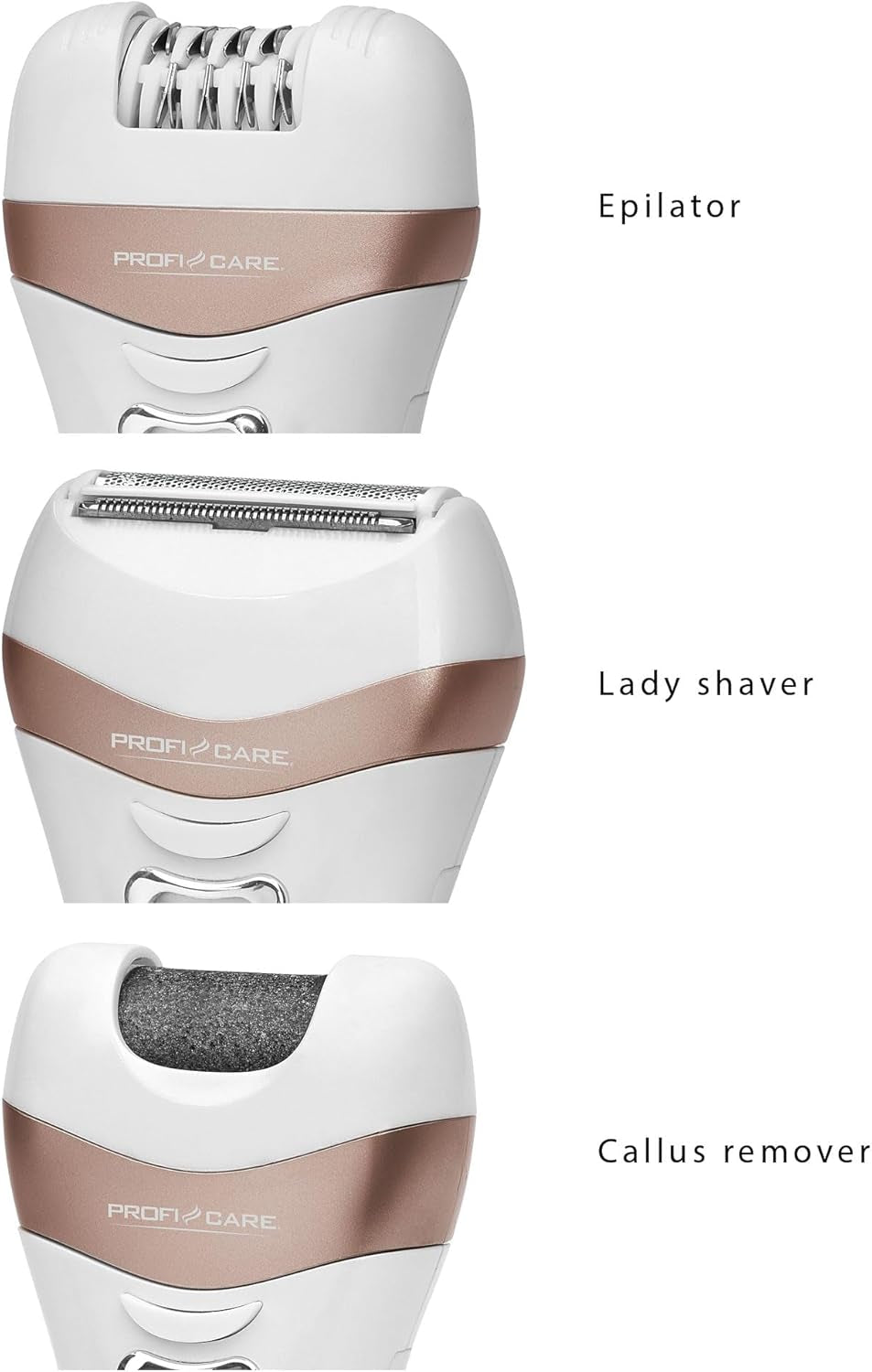 Proficare Epilierer PC-LBS 3002 3In1, Lady Shaver Und Hornhautentferner in Einem, Akkubetrieben, Mit Praktischer Aufbewahrungstasche, Weiß-Champagner