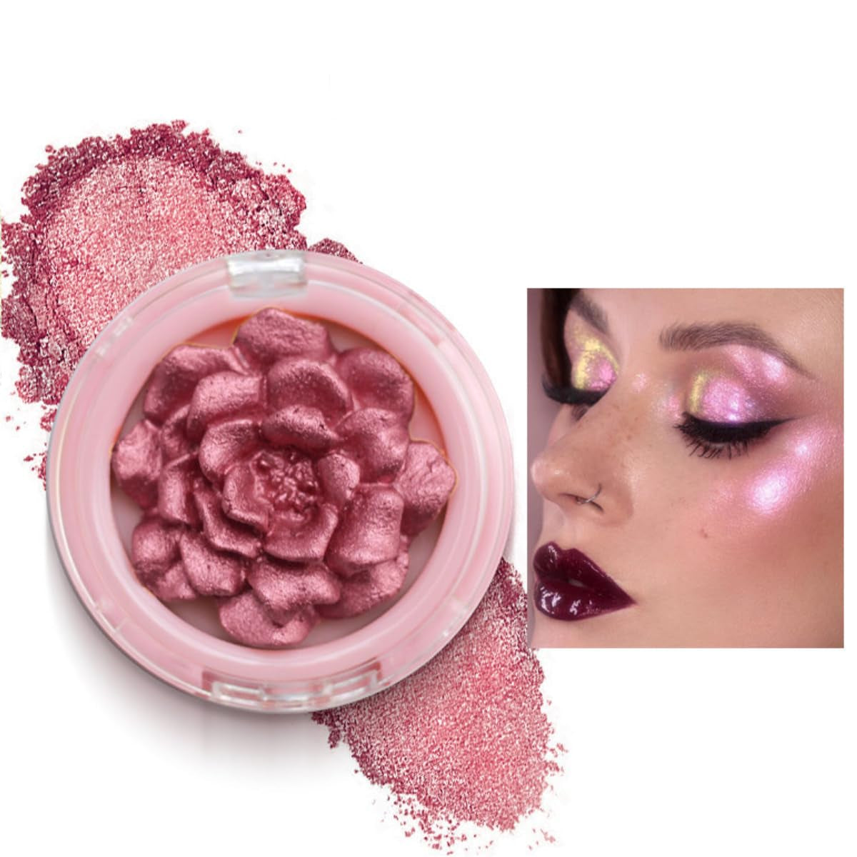 KARLOR 3D Rose Highlighter, Gesicht Highlighter Makeup Rosa Highlighter Puder Palette 3D-Geformt Rosenblüten Blush Schimmer Pink Highlighter Palette Glitzer Gesicht Wange Nase Aufhellen(07 Rosa)