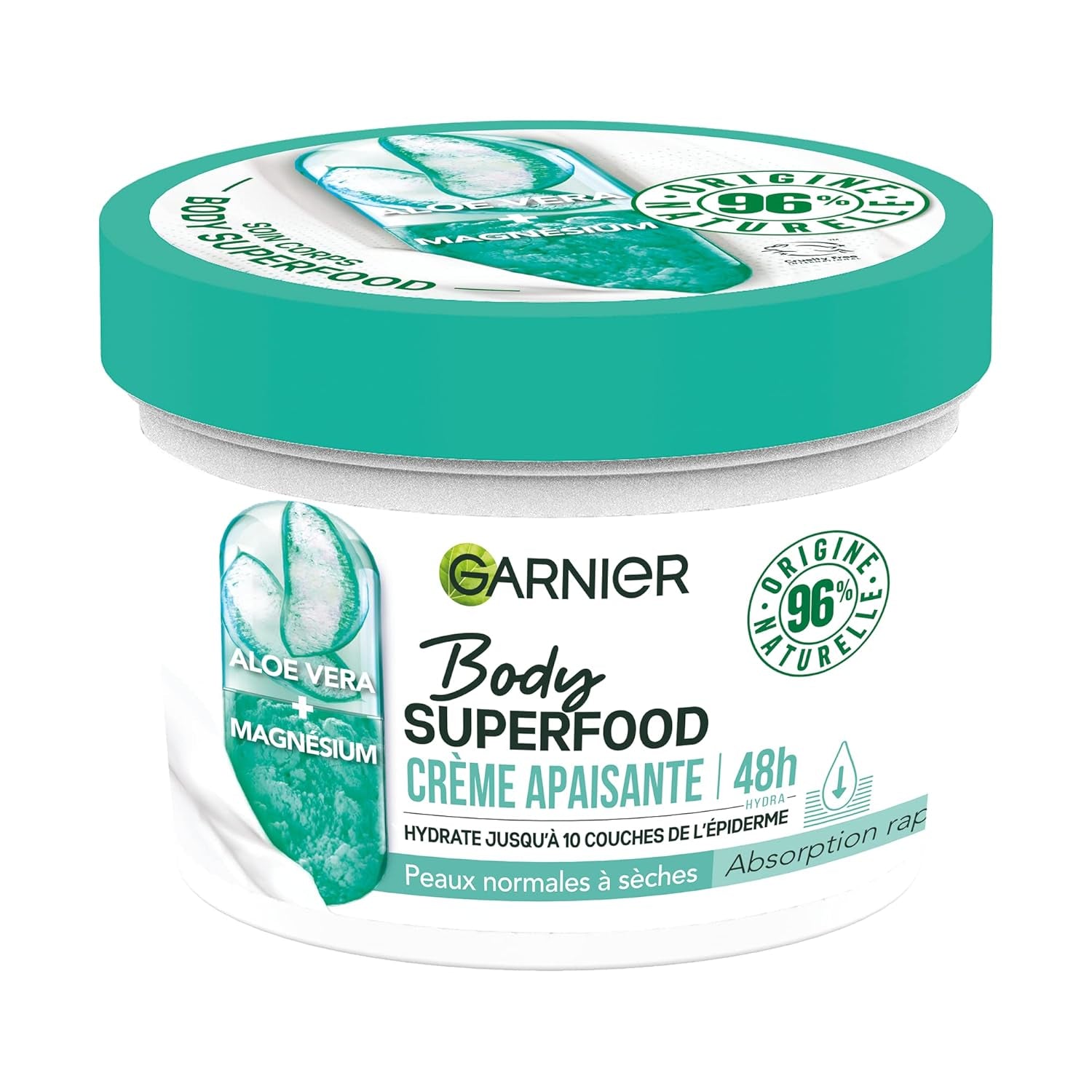 Garnier - Body Superfood - Beruhigende Körperpflegecreme - 48H Flüssigkeitszufuhr - Vegane Und Zu 96% Natürliche Formel - Mit Aloe Vera Und Magnesium - Für Normale Bis Trockene Haut - 380 Ml
