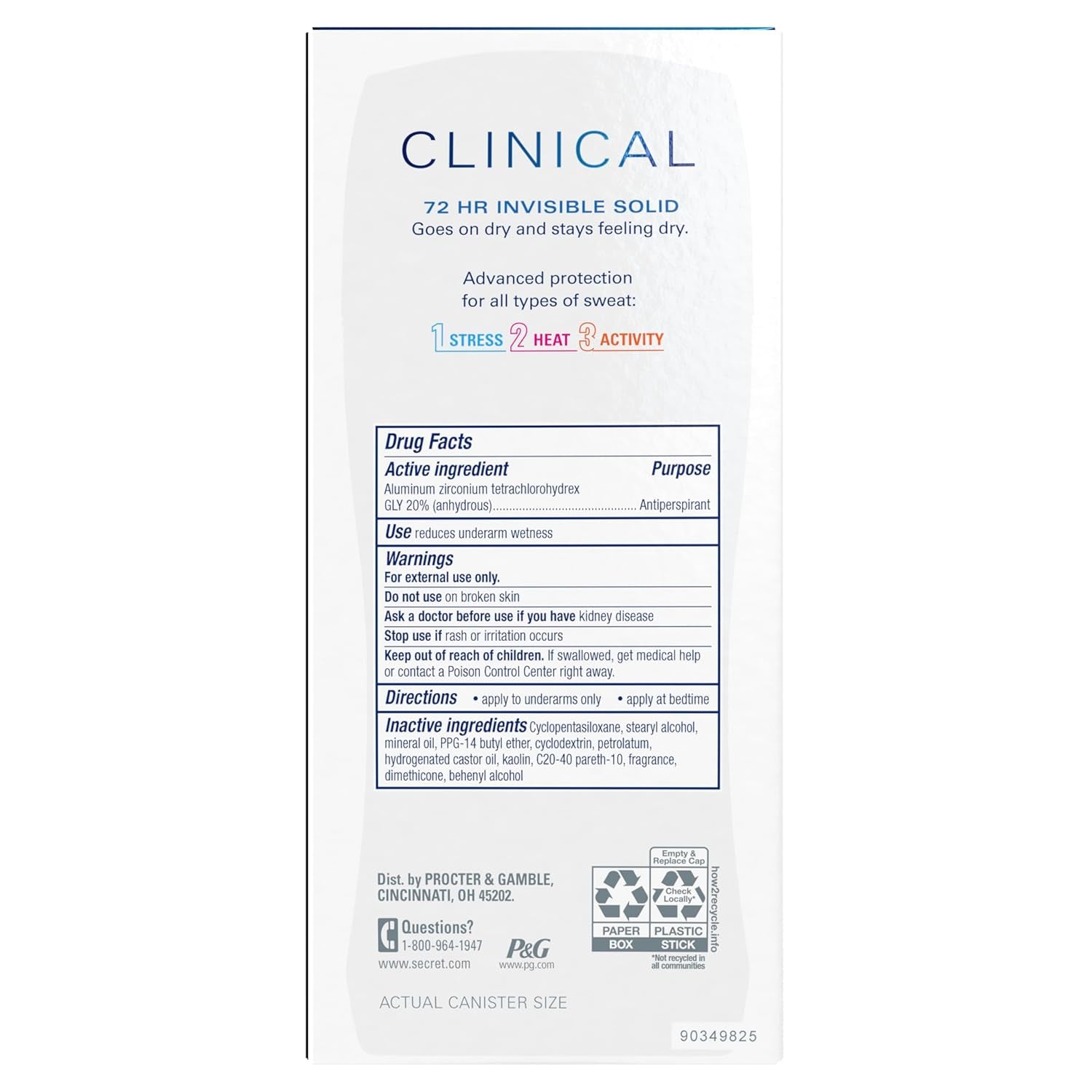 Secret Clinical Strength Deodorant and Antiperspirant for Women, Invisible Solid, Completely Clean, 2.6 Oz.