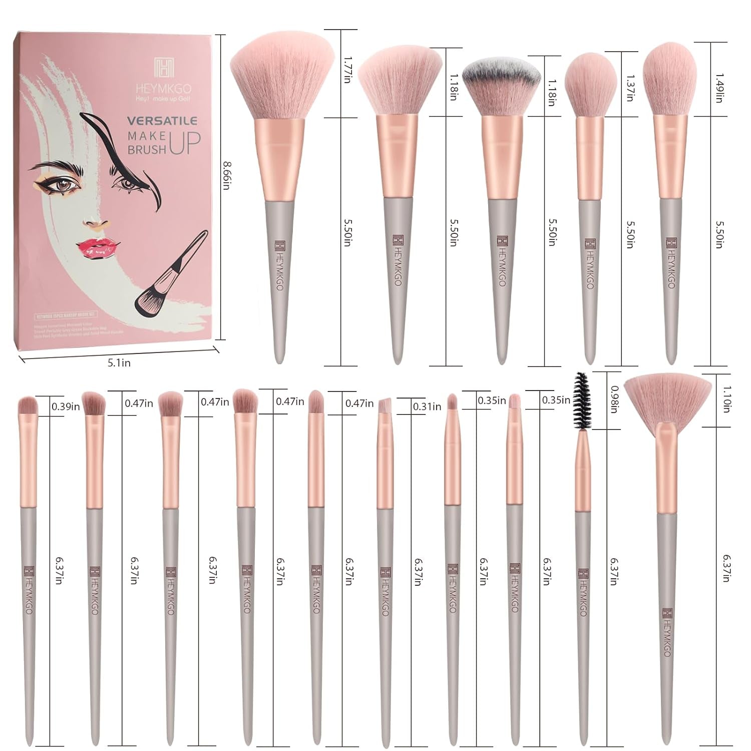 Pinselset Makeup HEYMKGO 15Pcs Synthetische Borsten Grüne Farbe Konischer Griff Make up Pinsel Set Schminkpinsel Gesicht Auge Lidschatten Mit Tragbarer Kordelzug Flanell Tasche (Rosa)