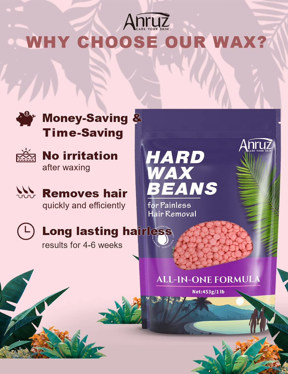 ANRUZ Waxing Perlen Für Empfindliche Haut- 453G Wachsperlen Haarentfernung Mit 10 Applikatoren- Rose Wax Perlen Für Achsel, Brasilianisch, Bikini, Bein Und Grobhaar Zu Hause Wachsen Für Wachswärmer