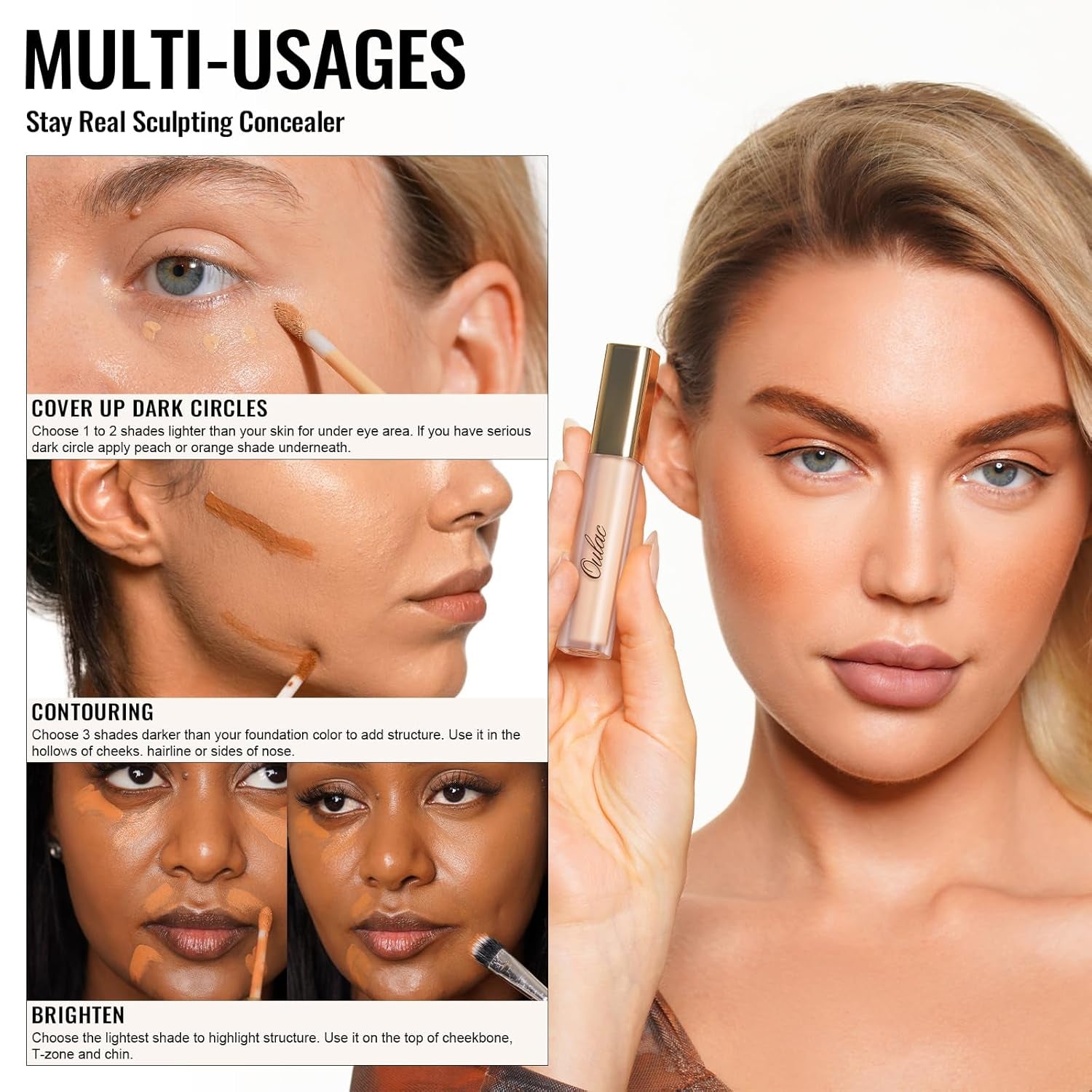 Oulac Concealer Für Gesicht Und Augenringe, Langanhaltender Gesicht Augenringe Kosmetik, Concealer Augenringe with Mit Hyaluronic Acid, Farbcode: W08 Toffee Concealer 3.8Ml