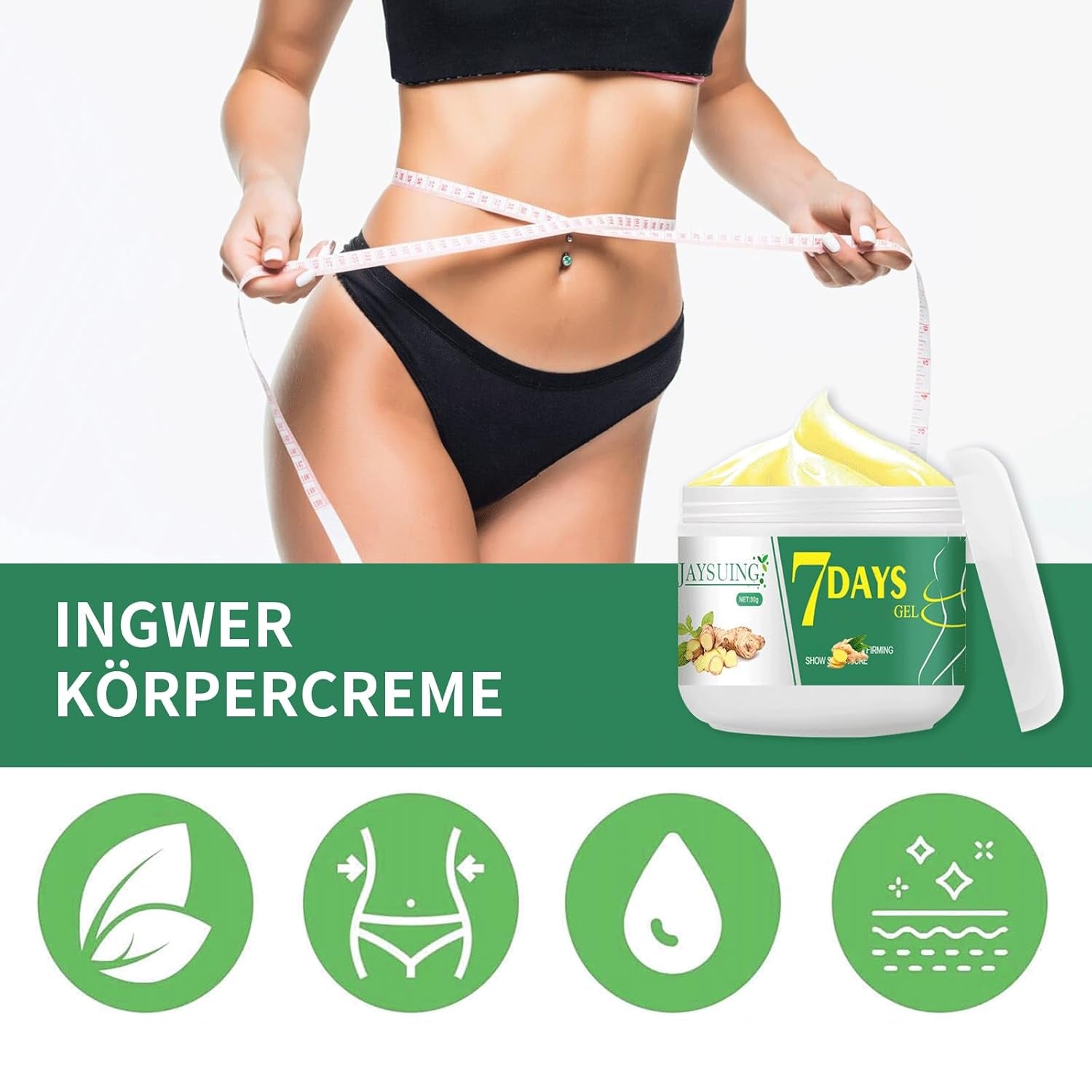 Shefave Ingwer Creme, 2Pcs Körpercreme Mit Gua Sha Stein, 7 Tage Feuchtigkeitscreme Massage Für Taille, Bauch, Arme, Gesäß, Oberschenkel
