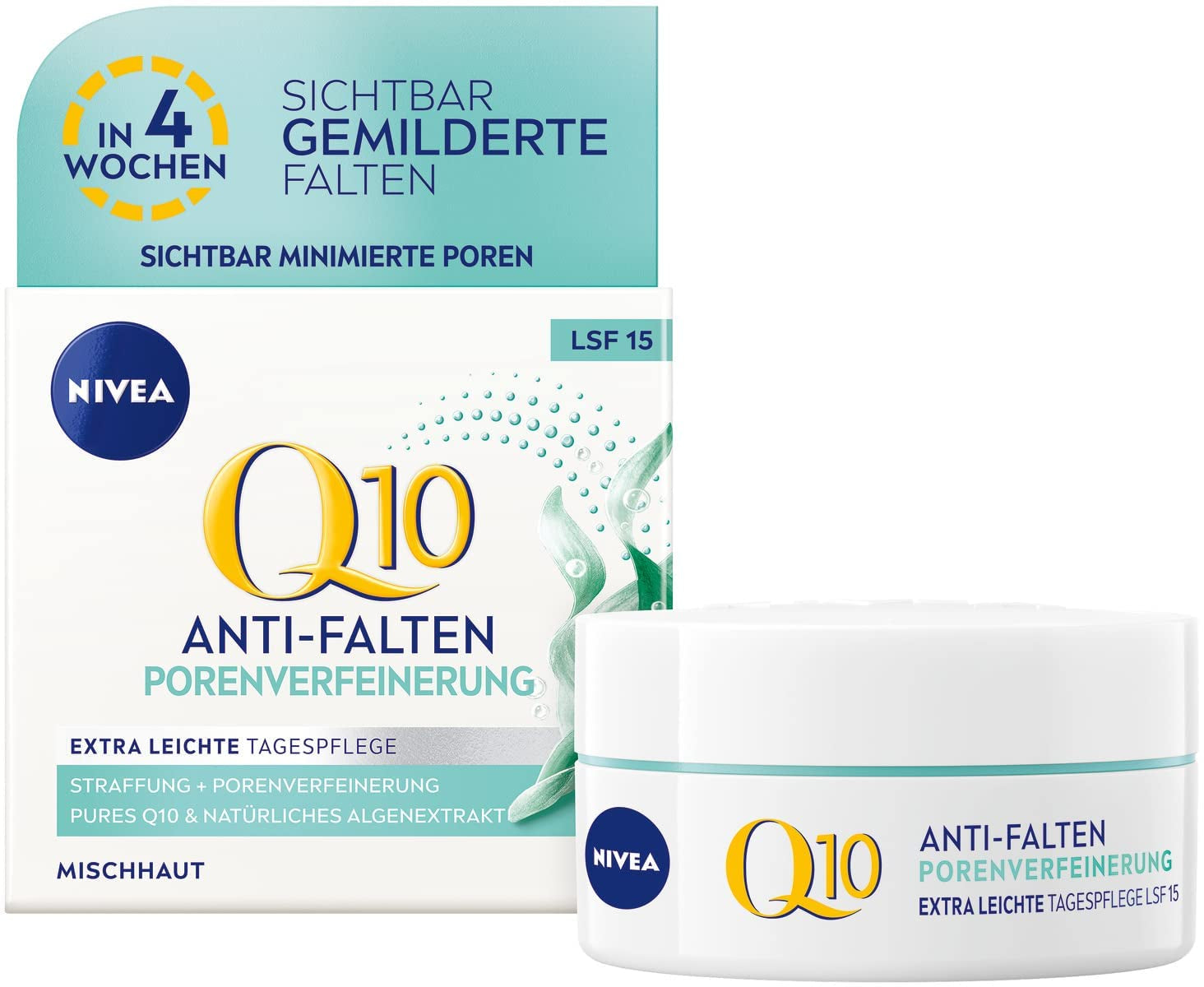 NIVEA Q10 Anti-Falten PORENVERFEINERUNG Extra Leichte Tagespflege, Straffende Tagescreme Mit LSF 15, Gesichtspflege Für Mischhaut Mit Q10, Algenextrakt Und Aloe (50 Ml)