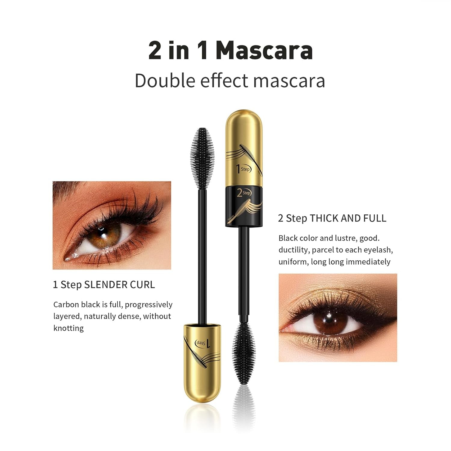 HOUSN 2 in 1 4D Silk Fiber Eyelash Mascara, Black Long-Lasting Waterproof 4D Mascara, Wischfest Und Nicht Verklumpend Für Make, Geeignet Für Empfindliche Augen, Augen Make up Produkte