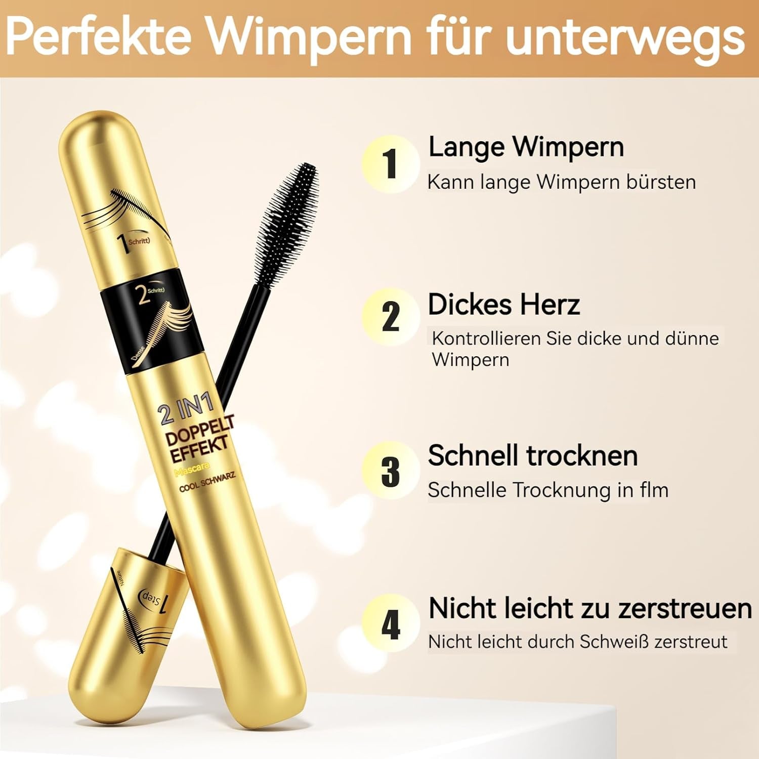 Jeffbaubl+Hellokiss Wimperntusche Wasserfest Schwarz, 2 in 1 4D Seidenfaser Wimperntusche, Langlebig Dicke Wimpern Mascara, Wischfest Und Nicht Verklumpend Für Augen Make Up