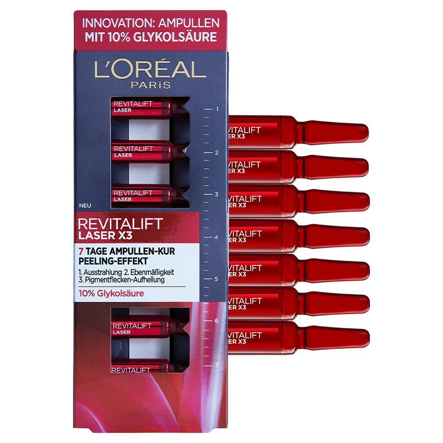L'Oréal Paris 7-Tage-Ampullen-Kur Für Ebenmäßige Und Strahlendere Haut Hochkonzentriert Mit 10% Glykolsäure Und Peeling-Effekt, Revitalift Laser X3, 7-Tage-Ampullen-Kur X 1,3Ml