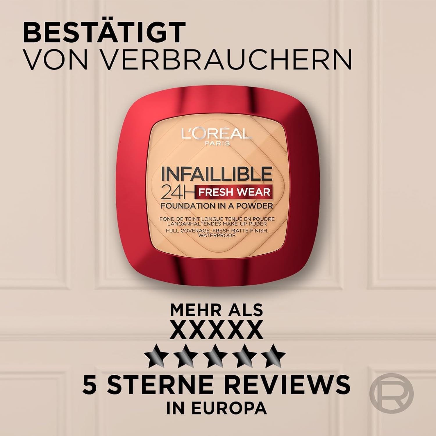 L'Oréal Paris Wasserfestes Puder Make-Up Mit Hoher Deckkraft, Deckendes Kompaktpuder Mit Mattem Finish Und 24H Halt, Infaillible 24H Fresh Wear Foundation Powder, Nr. 180 Rose Sand, 1 X 9 G