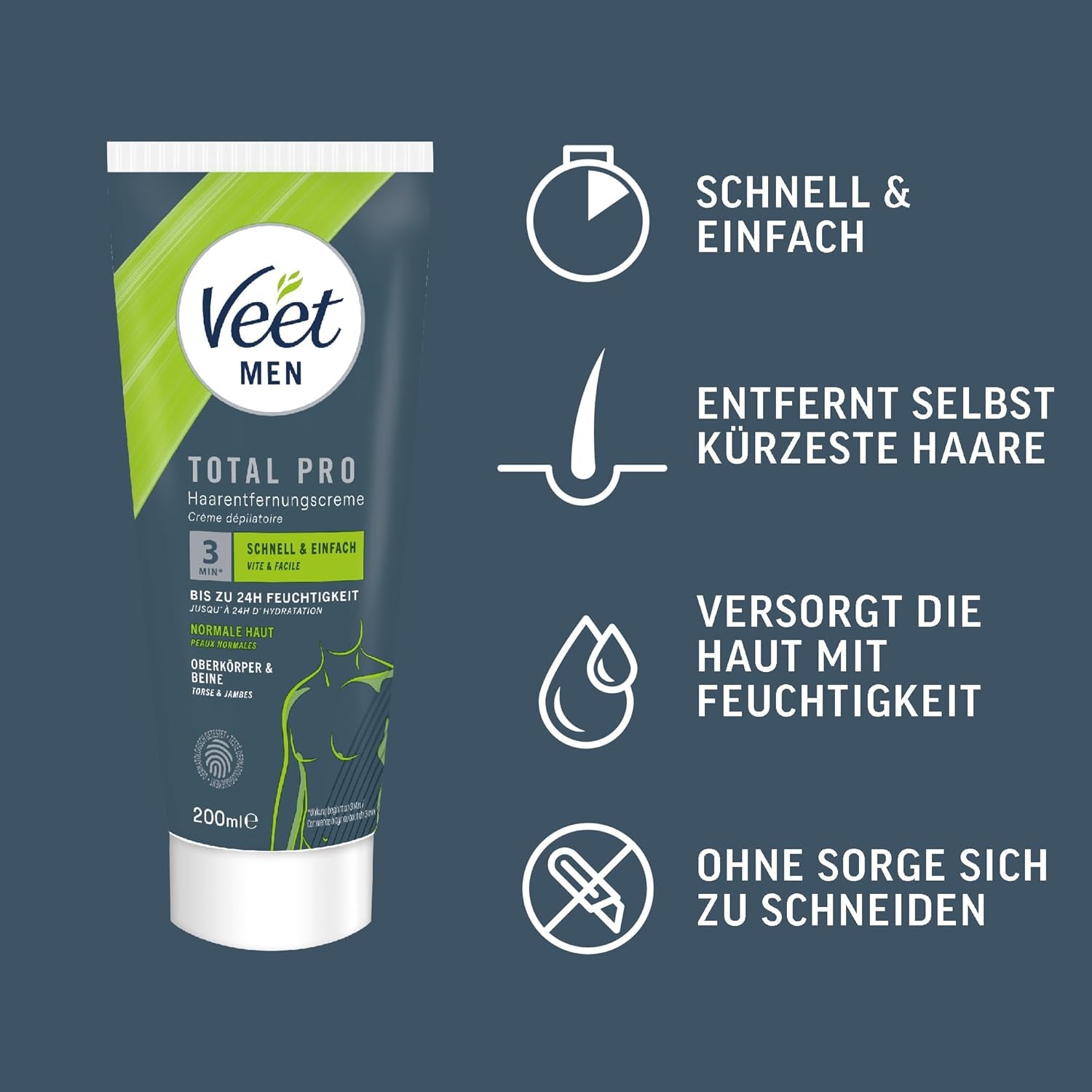 Veet Men Haarentfernungscreme Für Oberkörper & Beine - Enthaarungscreme Für Männer, Haarentfernung in 5-10 Minuten - 4 X 200 Ml Tube & Spatel