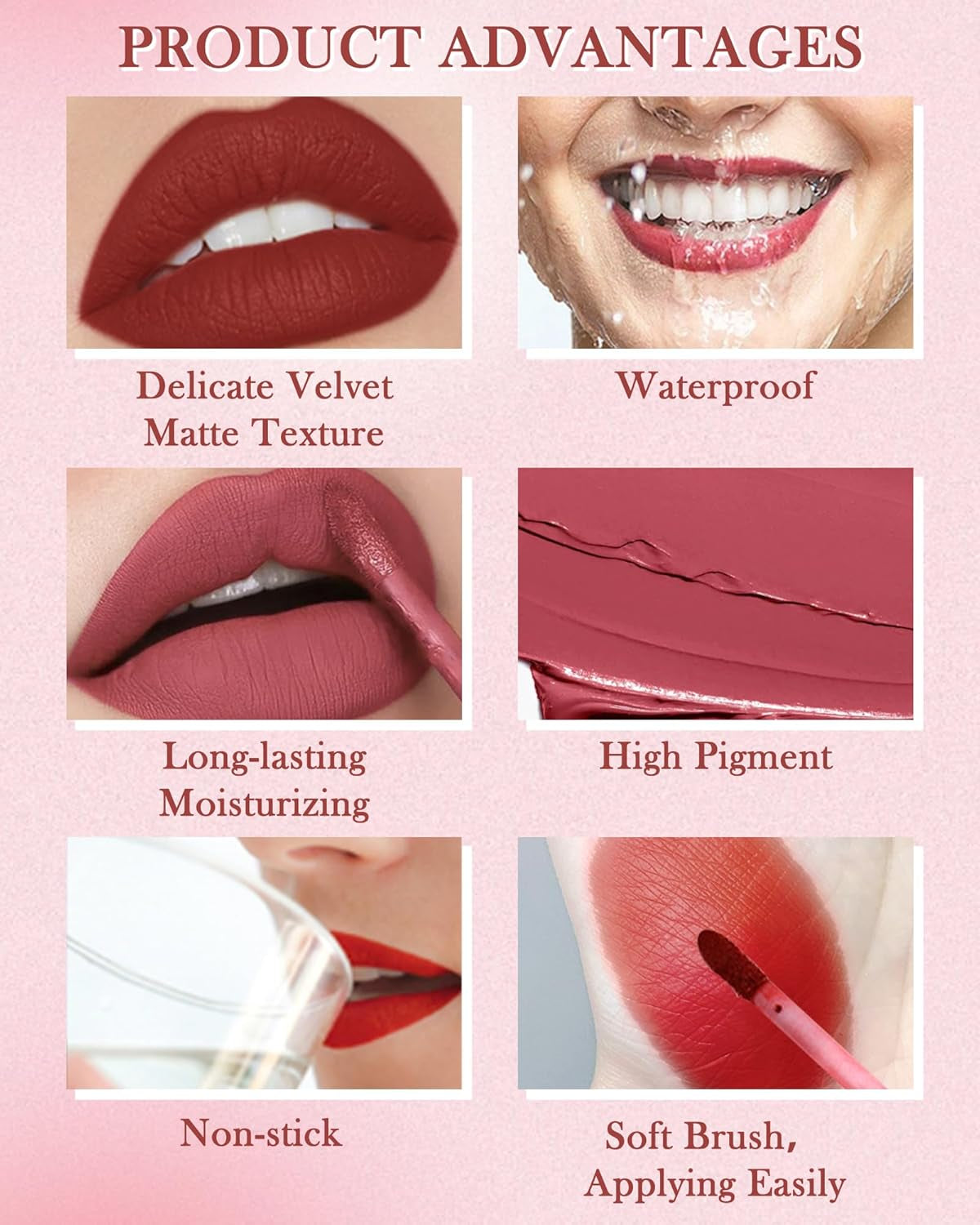 Matt Flüssig-Lippenstift-Set-6Pcs Nude Pink Ruby Rot Hochpigmentiert Lipgloss, Wasserfester Antihaftbeschichtung Lip Tint Stain Langanhaltend 24H, Makeup-Set Für Frauen Zum Women'S-Setb