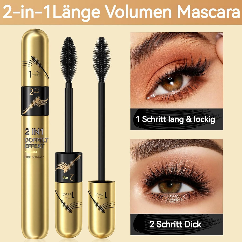 Jeffbaubl+Hellokiss Wimperntusche Wasserfest Schwarz, 2 in 1 4D Seidenfaser Wimperntusche, Langlebig Dicke Wimpern Mascara, Wischfest Und Nicht Verklumpend Für Augen Make Up