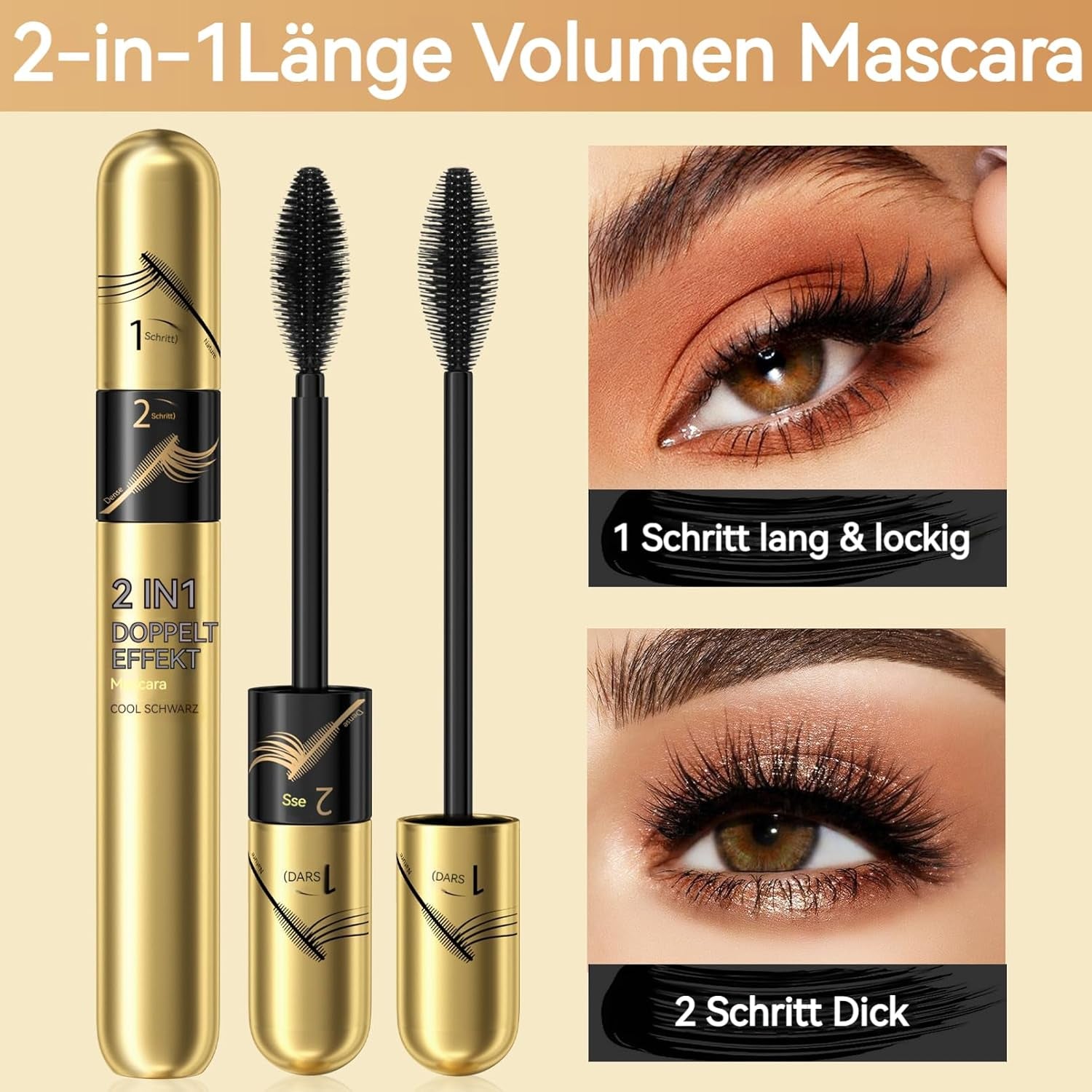 Jeffbaubl+Hellokiss Wimperntusche Wasserfest Schwarz, 2 in 1 4D Seidenfaser Wimperntusche, Langlebig Dicke Wimpern Mascara, Wischfest Und Nicht Verklumpend Für Augen Make Up