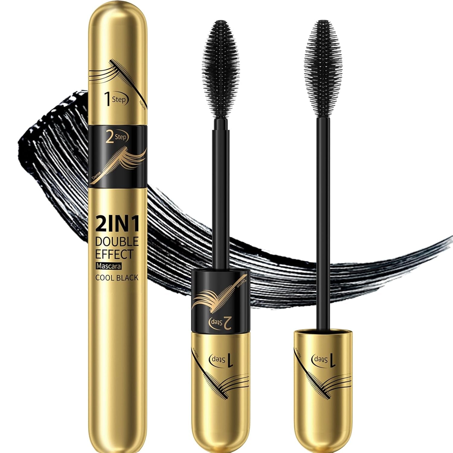 Jeffbaubl+Hellokiss Wimperntusche Wasserfest Schwarz, 2 in 1 4D Seidenfaser Wimperntusche, Langlebig Dicke Wimpern Mascara, Wischfest Und Nicht Verklumpend Für Augen Make Up