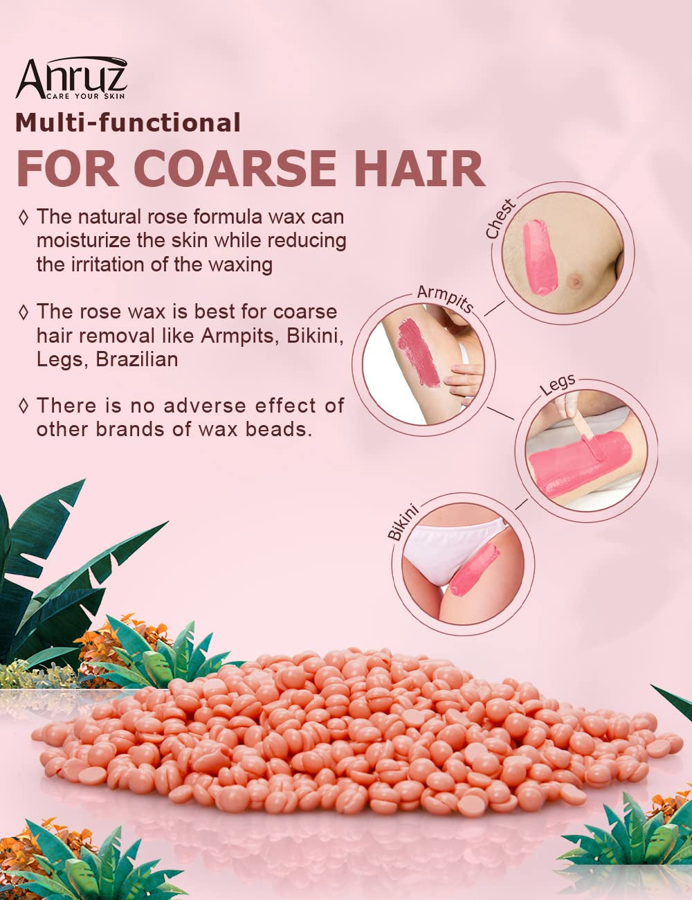 ANRUZ Waxing Perlen Für Empfindliche Haut- 453G Wachsperlen Haarentfernung Mit 10 Applikatoren- Rose Wax Perlen Für Achsel, Brasilianisch, Bikini, Bein Und Grobhaar Zu Hause Wachsen Für Wachswärmer