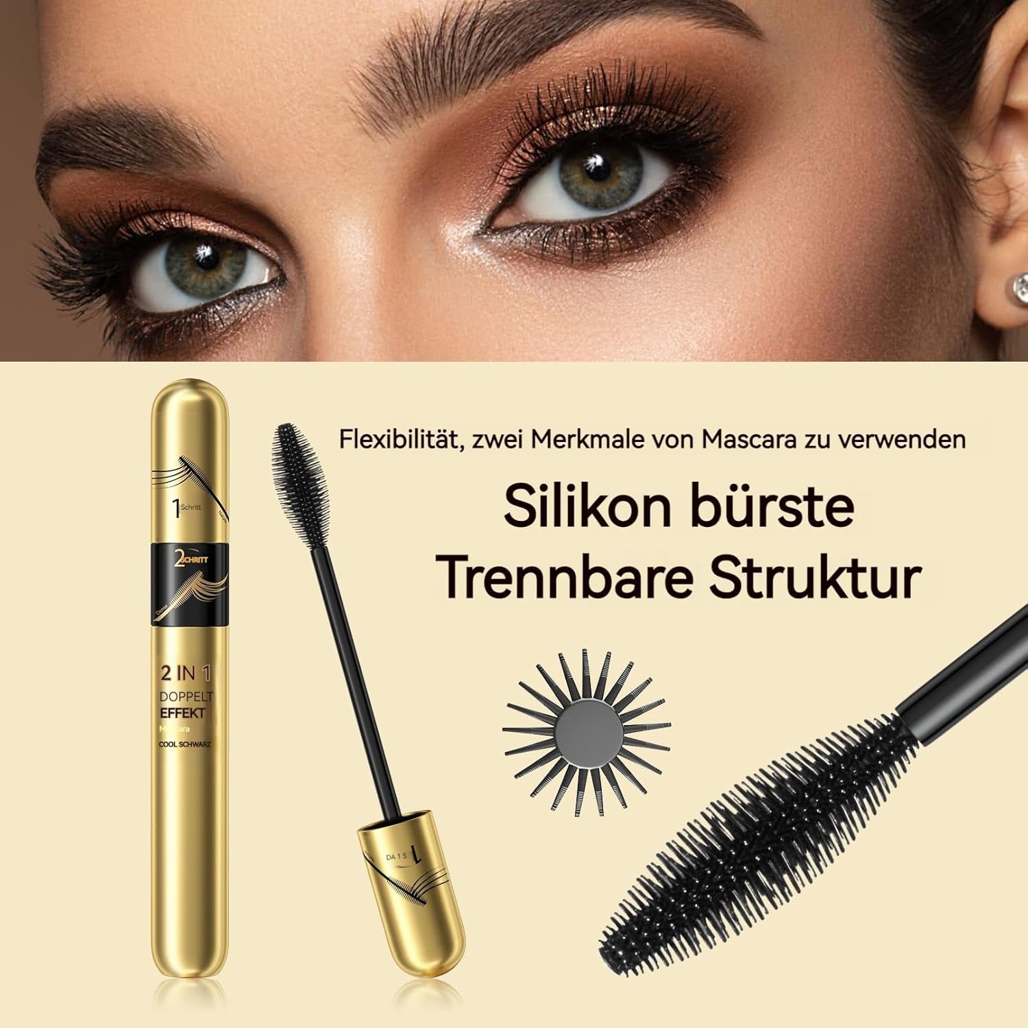 Jeffbaubl+Hellokiss Wimperntusche Wasserfest Schwarz, 2 in 1 4D Seidenfaser Wimperntusche, Langlebig Dicke Wimpern Mascara, Wischfest Und Nicht Verklumpend Für Augen Make Up