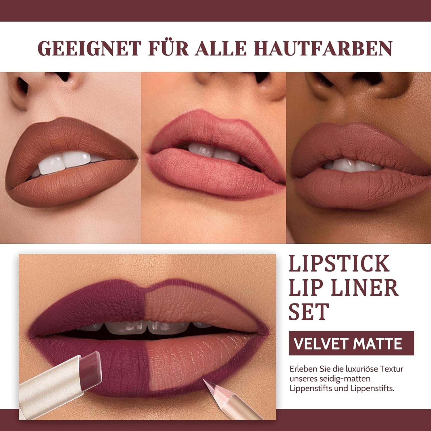 Lippenstift Lipliner Set, Matt Lipstick Rosa Lip Stain, Lippenstift Wasserfest Langanhaltender Lip Gloss Nude Lipsticks Lip Liner Velvet Nicht Klebende, Vegane, Gluten Free
