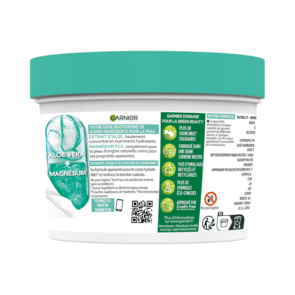 Garnier - Body Superfood - Beruhigende Körperpflegecreme - 48H Flüssigkeitszufuhr - Vegane Und Zu 96% Natürliche Formel - Mit Aloe Vera Und Magnesium - Für Normale Bis Trockene Haut - 380 Ml