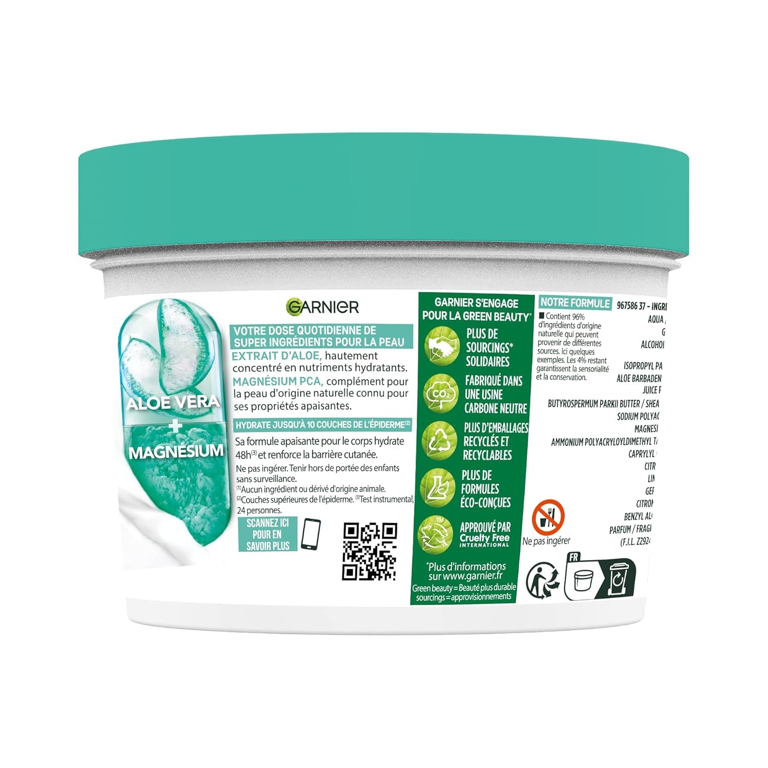Garnier - Body Superfood - Beruhigende Körperpflegecreme - 48H Flüssigkeitszufuhr - Vegane Und Zu 96% Natürliche Formel - Mit Aloe Vera Und Magnesium - Für Normale Bis Trockene Haut - 380 Ml