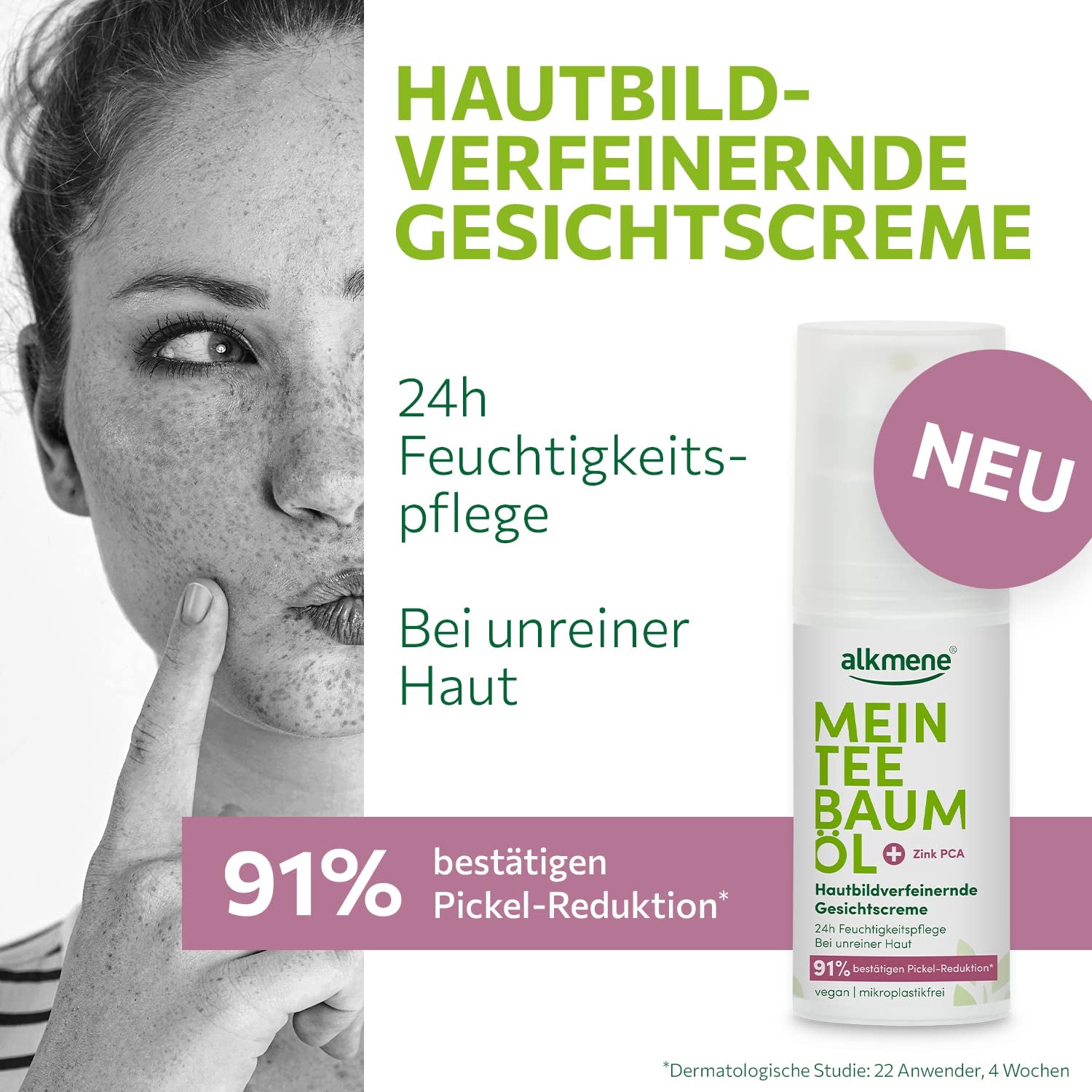 Alkmene Mein Teebaumöl Gesichtscreme 50 Ml Pickel Reduktion 91% Bestätigt - Naturreines Teebaumöl, Vegan & Klimaneutral - 24H Feuchtigkeitspflege Für Unreine Haut - Teebaumöl Creme Für Pickel