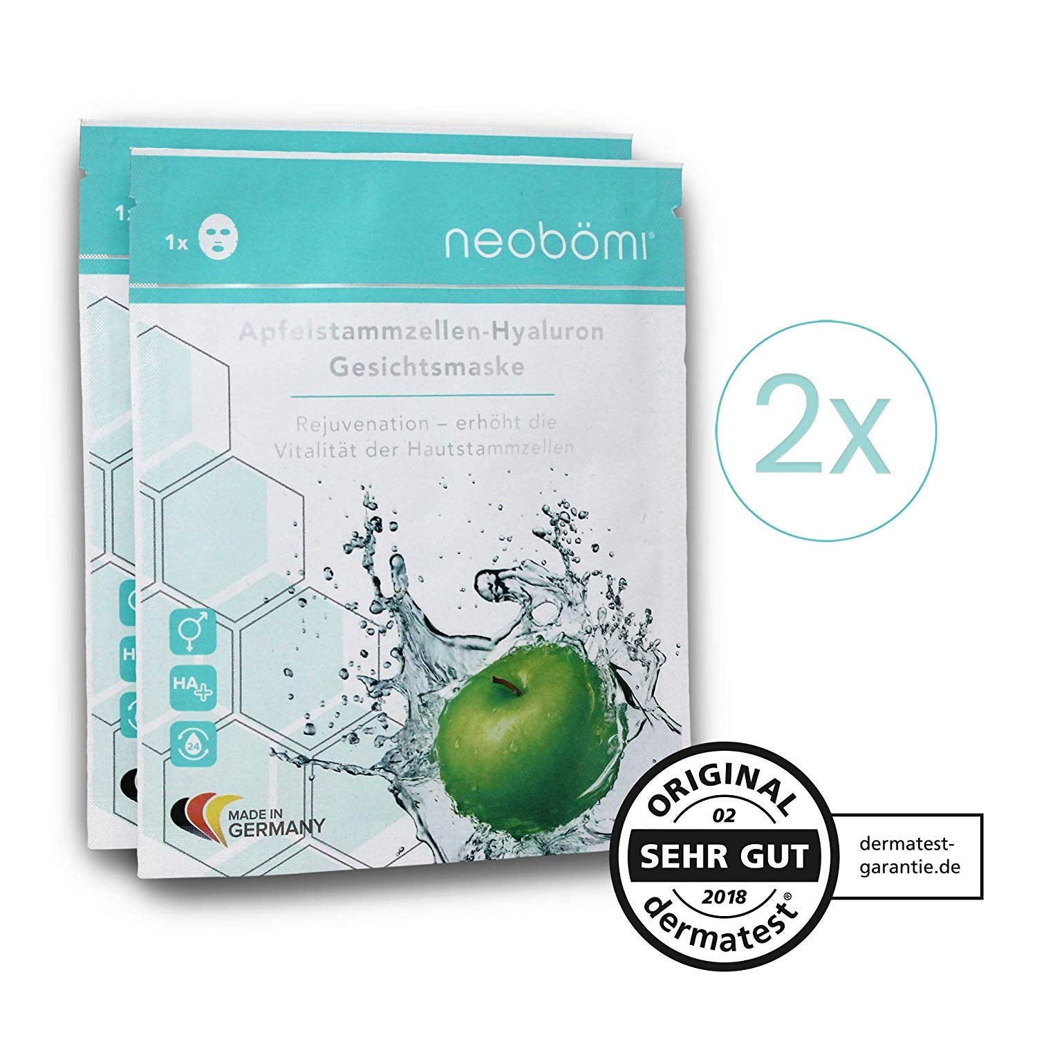 Hyaluron Gesichtsmaske - Hochdosierte Tuchmaske Mit Apfelstammzellen Von Neobömi® - anti Aging Face Mask - Perfekte Age Fit Gesichtspflege - Luxury Beauty - Augenpads Effekt - 2 Stück - Masken Set