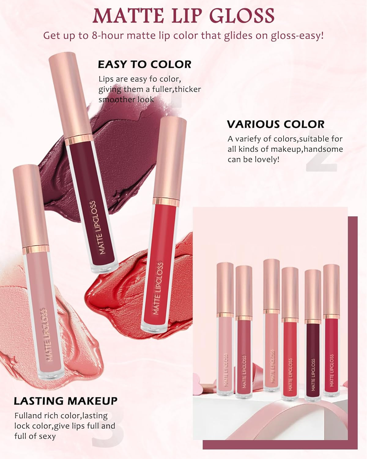 Matt Flüssig-Lippenstift-Set-6Pcs Nude Pink Ruby Rot Hochpigmentiert Lipgloss, Wasserfester Antihaftbeschichtung Lip Tint Stain Langanhaltend 24H, Makeup-Set Für Frauen Zum Women'S-Setb