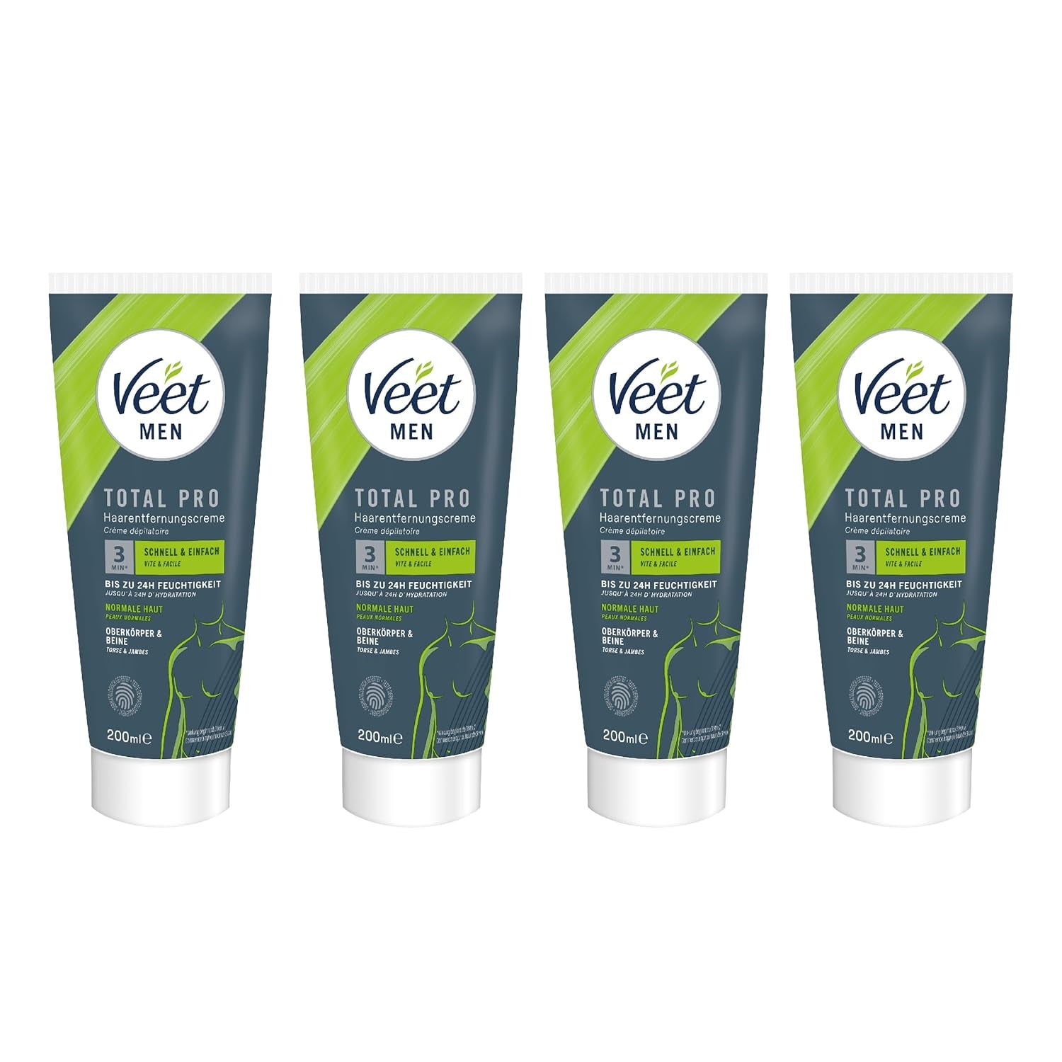 Veet Men Haarentfernungscreme Für Oberkörper & Beine - Enthaarungscreme Für Männer, Haarentfernung in 5-10 Minuten - 4 X 200 Ml Tube & Spatel