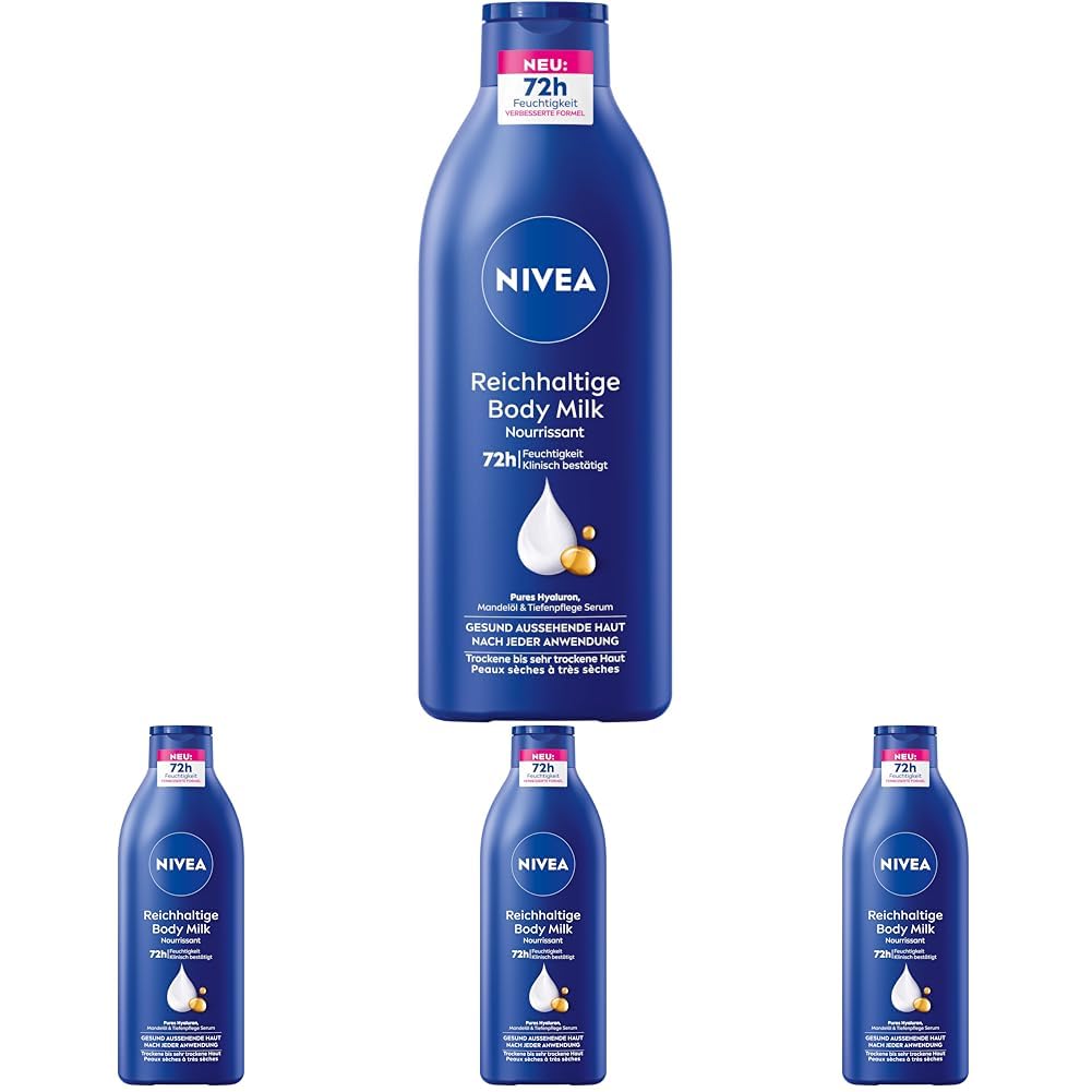 NIVEA Reichhaltige Body Milk, Intensiv Pflegende Körpercreme Mit Purem Hyaluron, Mandelöl Und Tiefenpflege Serum, Lotion Für Trockene Haut (625 Ml)