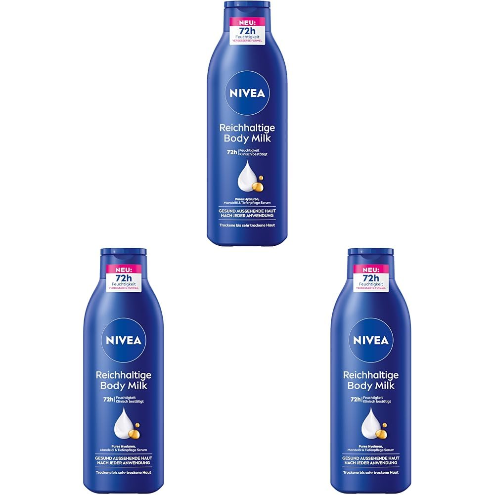 NIVEA Reichhaltige Body Milk, Intensiv Pflegende Körpercreme Mit Purem Hyaluron, Mandelöl Und Tiefenpflege Serum, Lotion Für Trockene Haut (625 Ml)