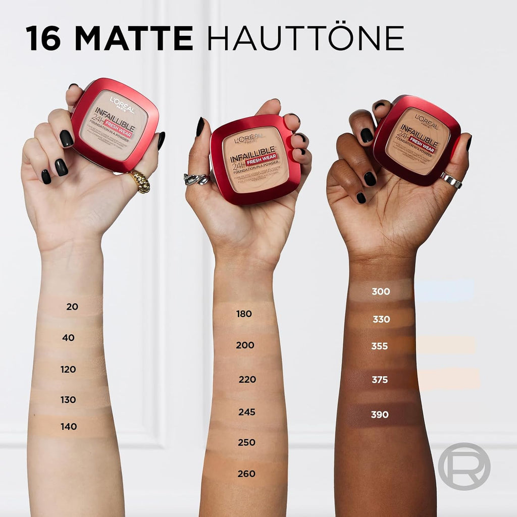 L'Oréal Paris Wasserfestes Puder Make-Up Mit Hoher Deckkraft, Deckendes Kompaktpuder Mit Mattem Finish Und 24H Halt, Infaillible 24H Fresh Wear Foundation Powder, Nr. 180 Rose Sand, 1 X 9 G