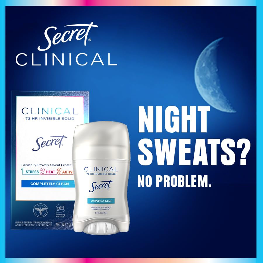 Secret Clinical Strength Deodorant and Antiperspirant for Women, Invisible Solid, Completely Clean, 2.6 Oz.