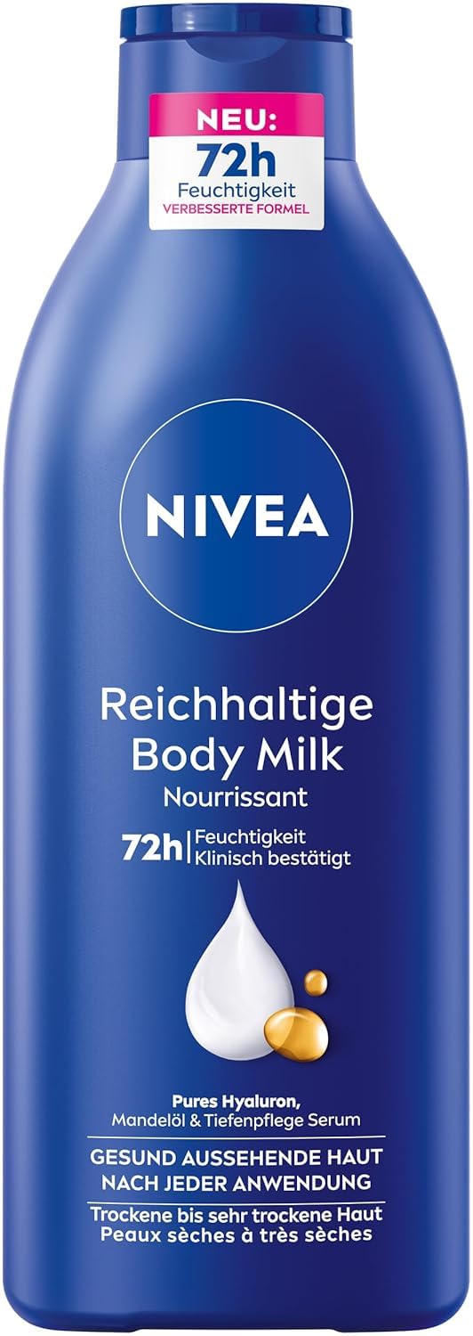 NIVEA Reichhaltige Body Milk, Intensiv Pflegende Körpercreme Mit Purem Hyaluron, Mandelöl Und Tiefenpflege Serum, Lotion Für Trockene Haut (625 Ml)