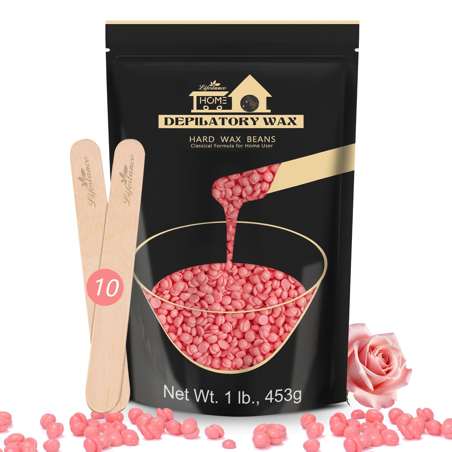 Lifestance 450G Waxing Perlen Formuliert Für Anfänger, Wachsperlen Mit 10 Holzspatel Für Enthaarung, Rose Wachs Haarentfernung Perlen Für Für Feines Haar,Gesicht,Augenbraue,Arme,Finger Und Zehe