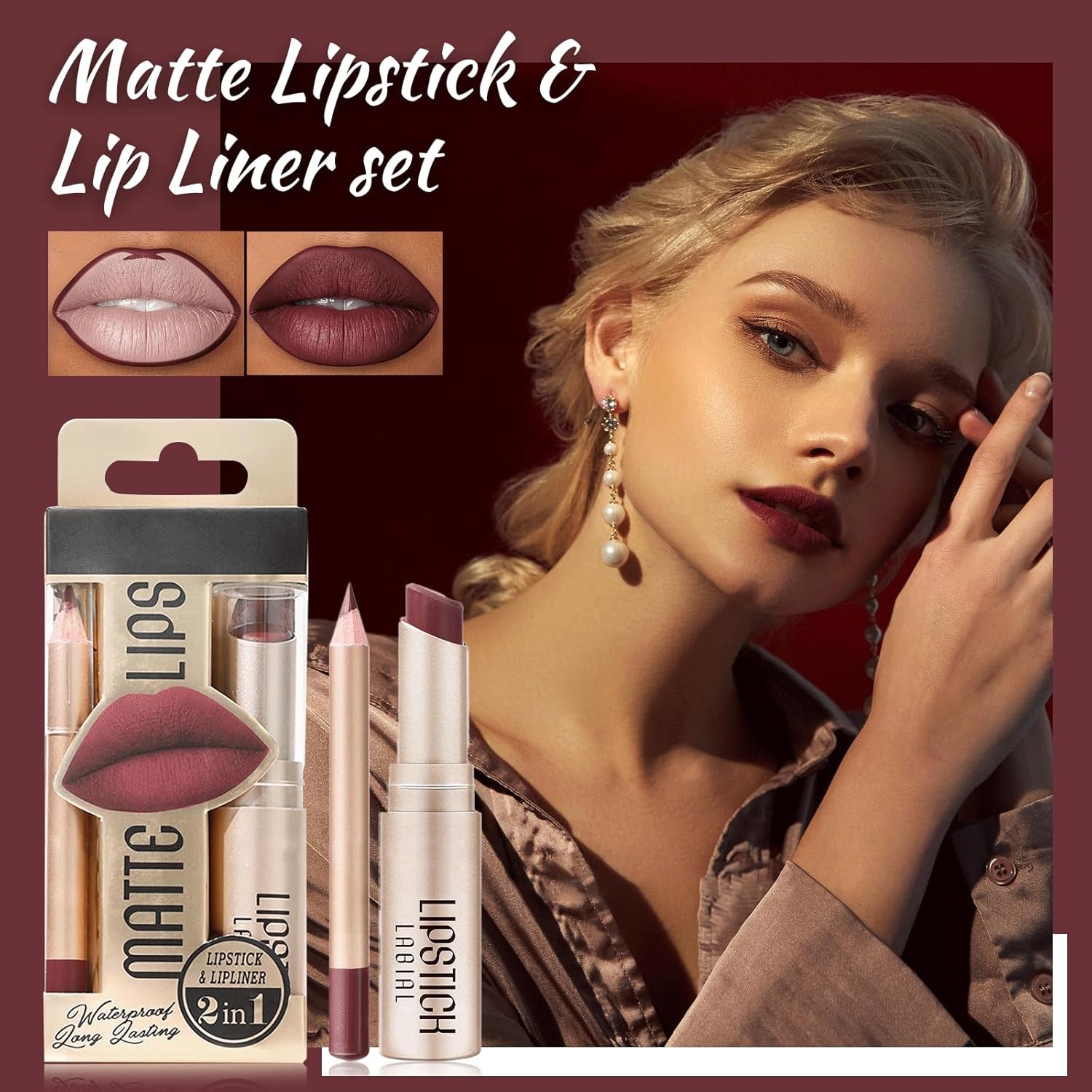 Lippenstift Lipliner Set, Matt Lipstick Rosa Lip Stain, Lippenstift Wasserfest Langanhaltender Lip Gloss Nude Lipsticks Lip Liner Velvet Nicht Klebende, Vegane, Gluten Free