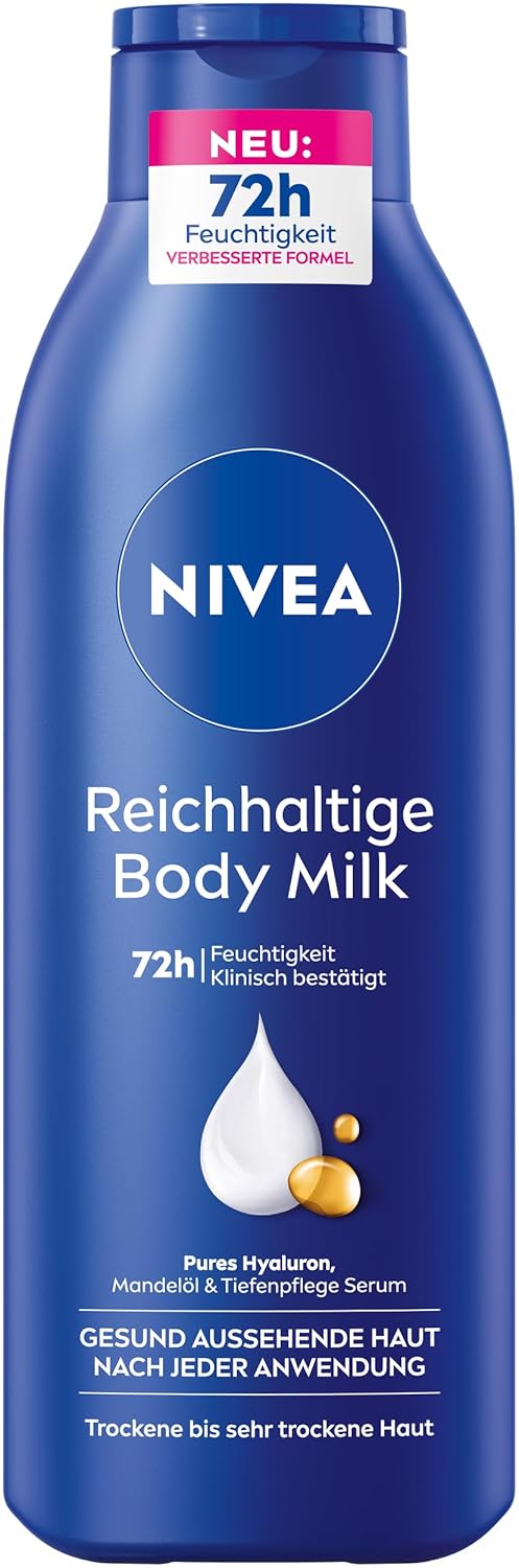 NIVEA Reichhaltige Body Milk, Intensiv Pflegende Körpercreme Mit Purem Hyaluron, Mandelöl Und Tiefenpflege Serum, Lotion Für Trockene Haut (625 Ml)