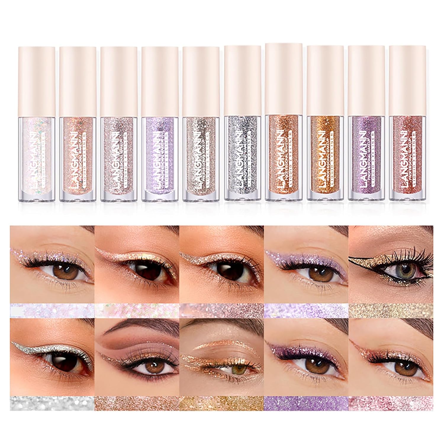 CHSEEO Liquid Glitter Eyeliner Set, 6 Colors Langanhaltend Pigmentiert Wasserfester Flüssiger Metallic Shimmer Lidschattenstift Flüssigkeit Eyeliner Pen, Augen Makeup Set Gift for Women Frauen - A
