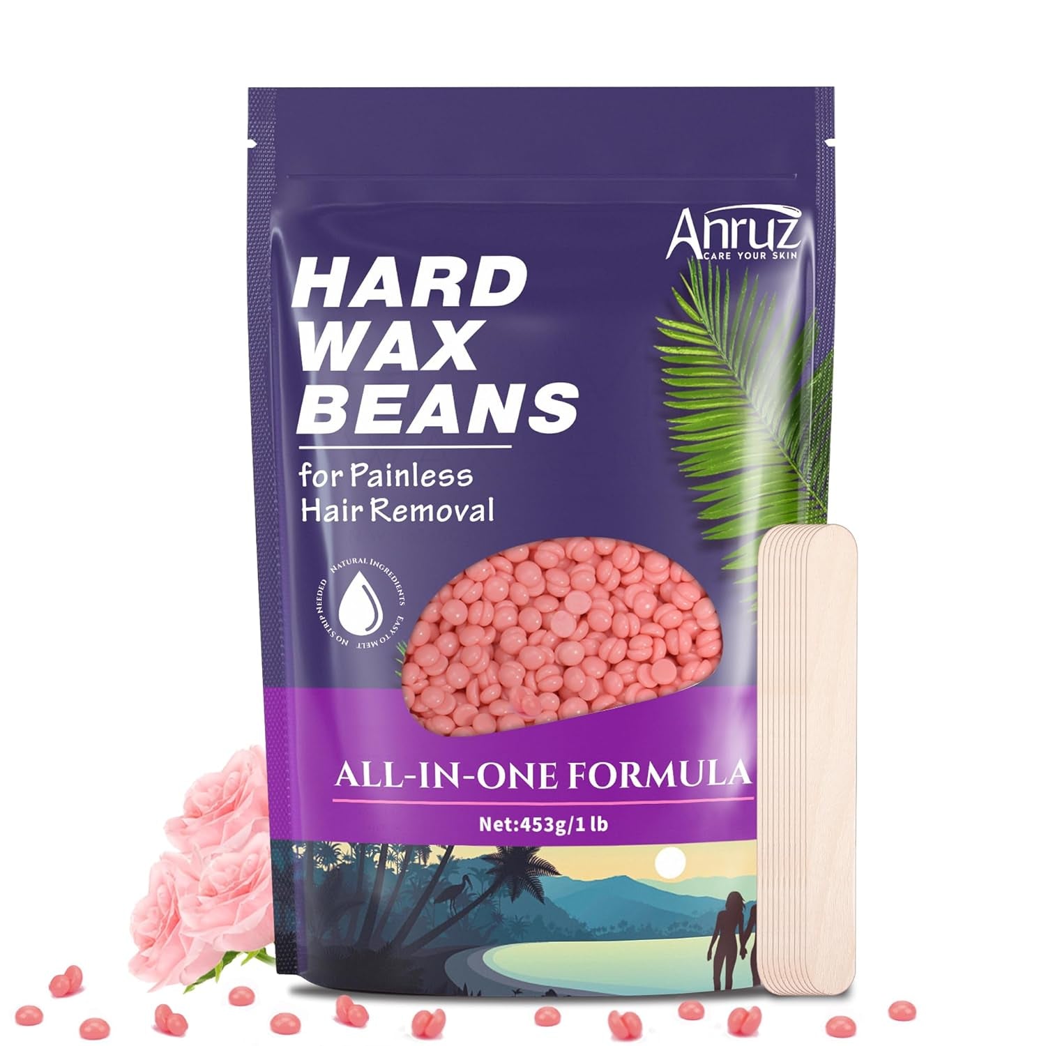 ANRUZ Waxing Perlen Für Empfindliche Haut- 453G Wachsperlen Haarentfernung Mit 10 Applikatoren- Rose Wax Perlen Für Achsel, Brasilianisch, Bikini, Bein Und Grobhaar Zu Hause Wachsen Für Wachswärmer