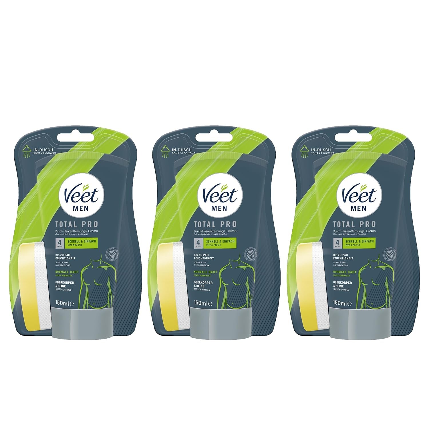 Veet Men Dusch-Haarentfernungscreme 3Er Pack Für Oberkörper & Beine - Enthaarungscreme Für Männer, Für Normale Haut - 3 X 150 Ml Inkl. Schwamm