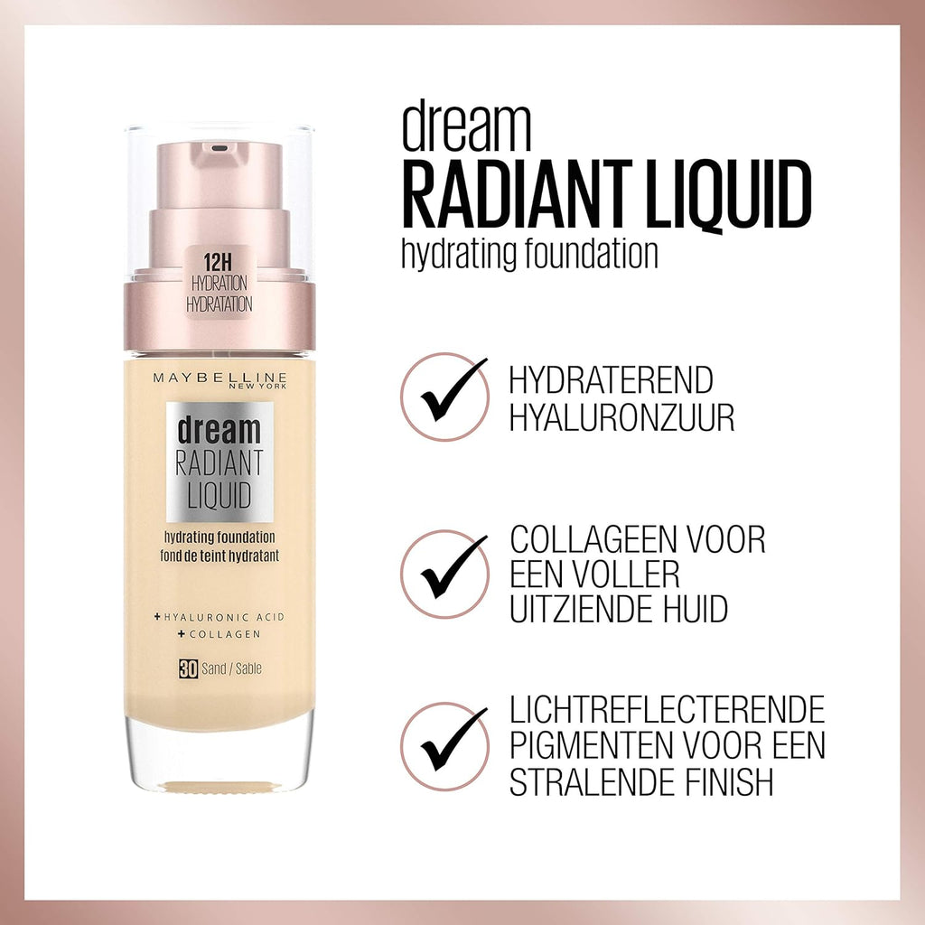 Maybelline New York Make Up, Dream Radiant Liquid Make-Up, Flüssige Foundation, Nr. 30 Sand, 30 Ml (Packung Mit 2)
