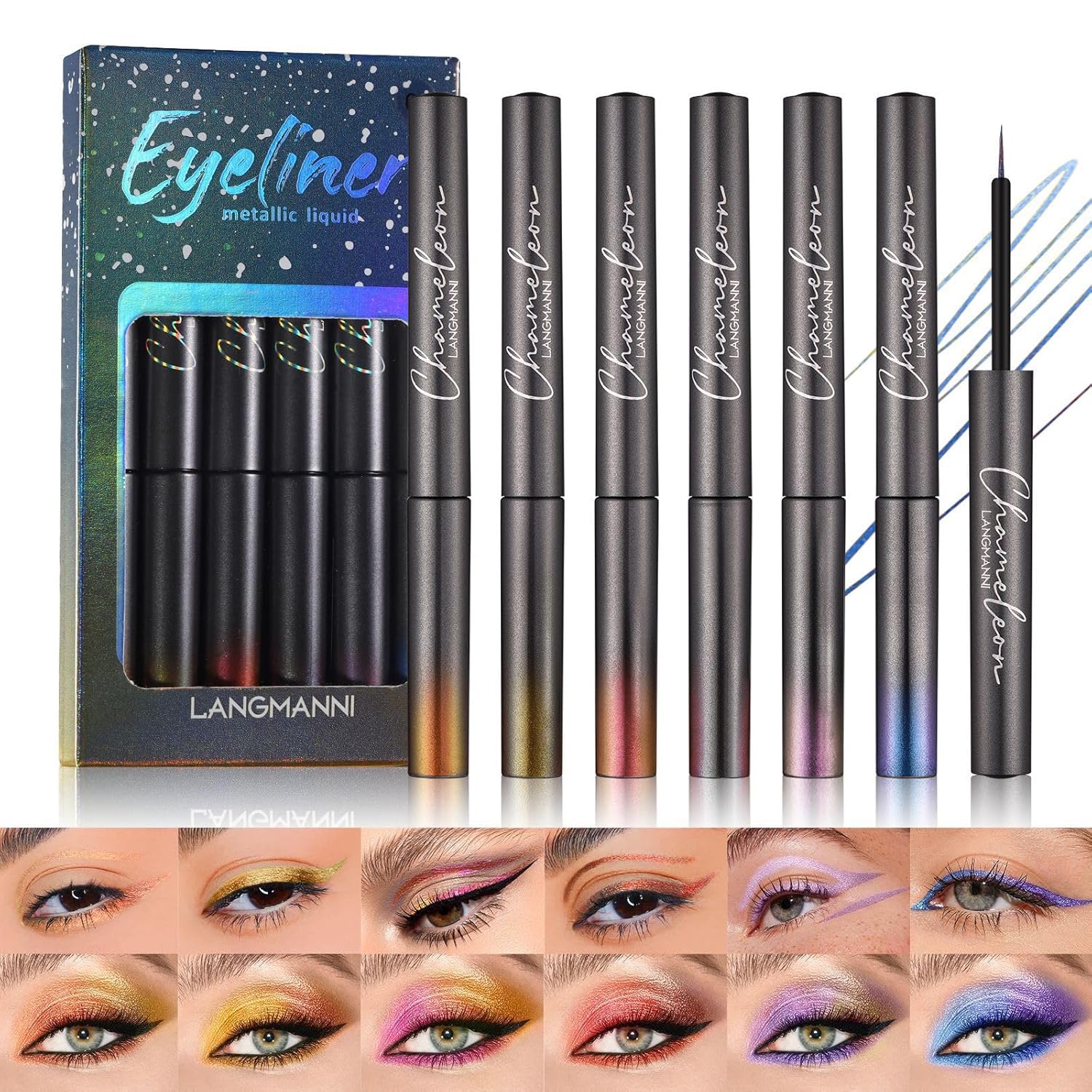 CHSEEO Liquid Glitter Eyeliner Set, 6 Colors Langanhaltend Pigmentiert Wasserfester Flüssiger Metallic Shimmer Lidschattenstift Flüssigkeit Eyeliner Pen, Augen Makeup Set Gift for Women Frauen - A