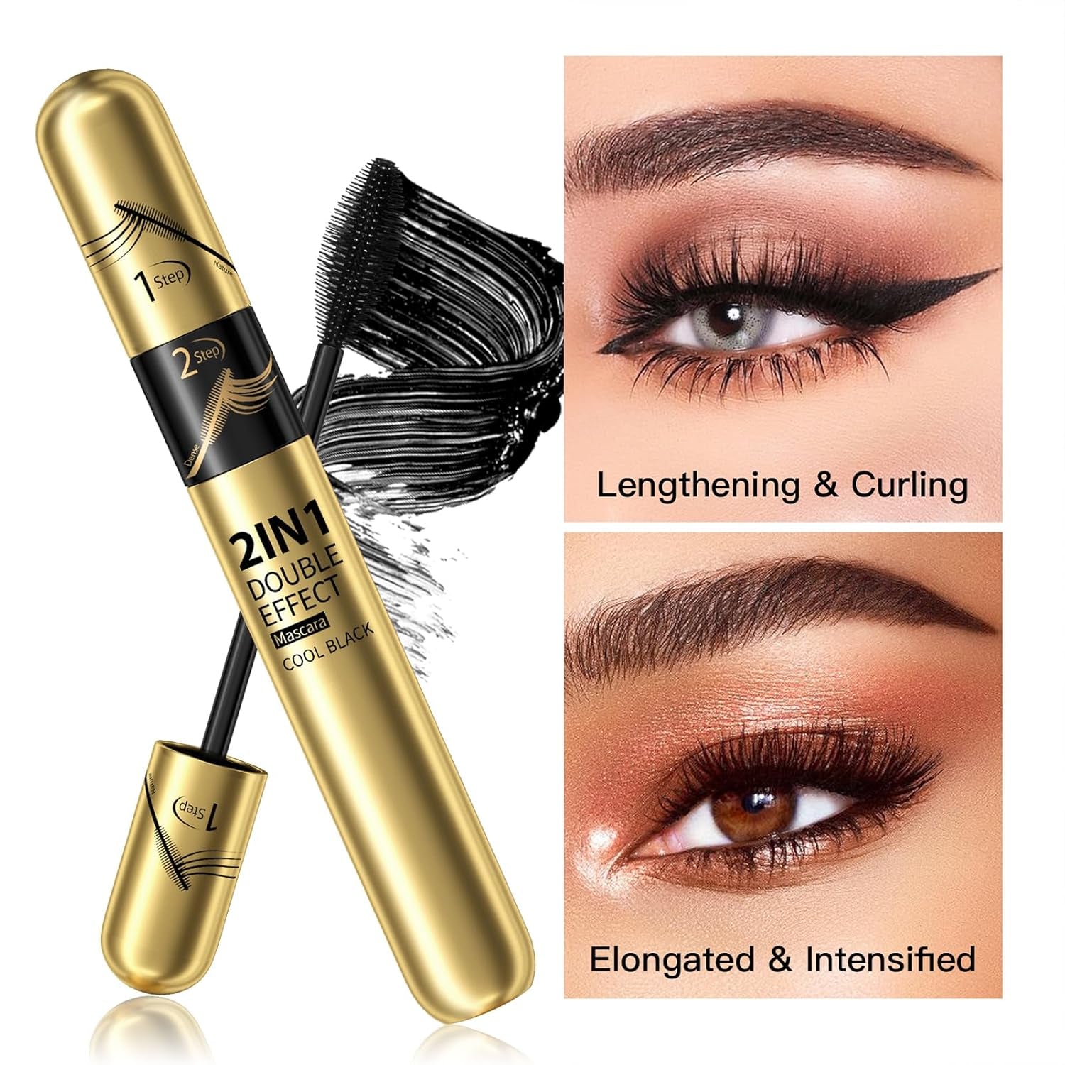 HOUSN 2 in 1 4D Silk Fiber Eyelash Mascara, Black Long-Lasting Waterproof 4D Mascara, Wischfest Und Nicht Verklumpend Für Make, Geeignet Für Empfindliche Augen, Augen Make up Produkte