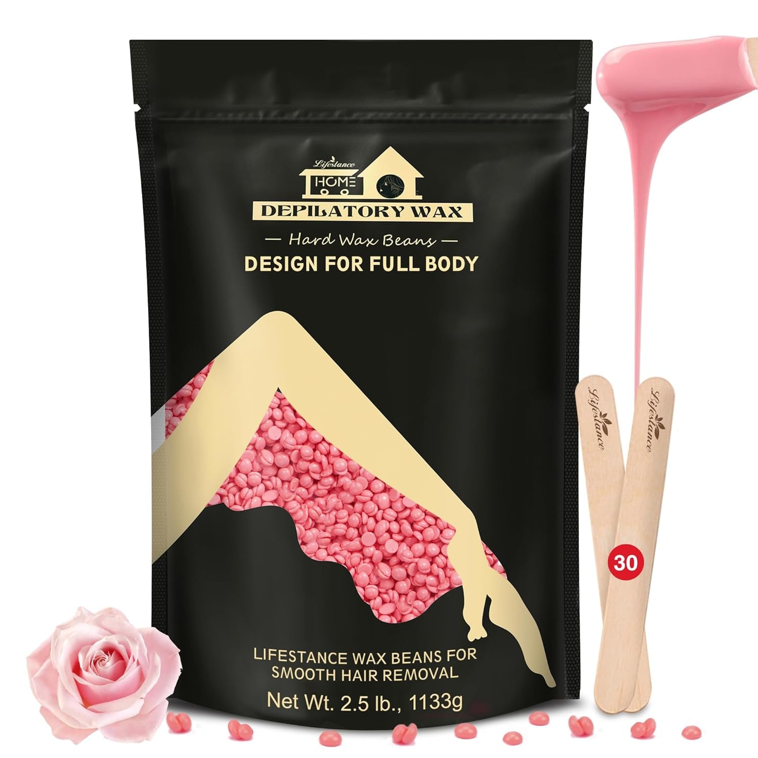 Lifestance 450G Waxing Perlen Formuliert Für Anfänger, Wachsperlen Mit 10 Holzspatel Für Enthaarung, Rose Wachs Haarentfernung Perlen Für Für Feines Haar,Gesicht,Augenbraue,Arme,Finger Und Zehe