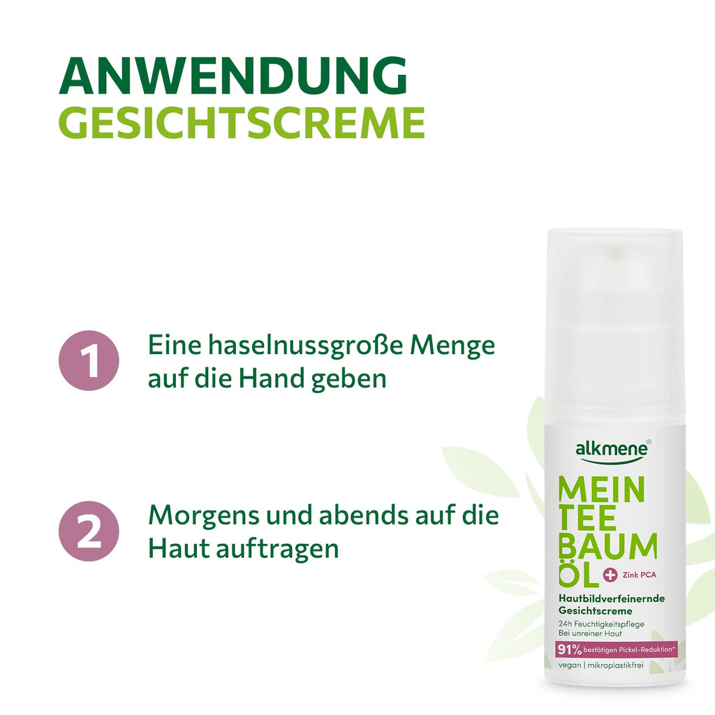 Alkmene Mein Teebaumöl Gesichtscreme 50 Ml Pickel Reduktion 91% Bestätigt - Naturreines Teebaumöl, Vegan & Klimaneutral - 24H Feuchtigkeitspflege Für Unreine Haut - Teebaumöl Creme Für Pickel