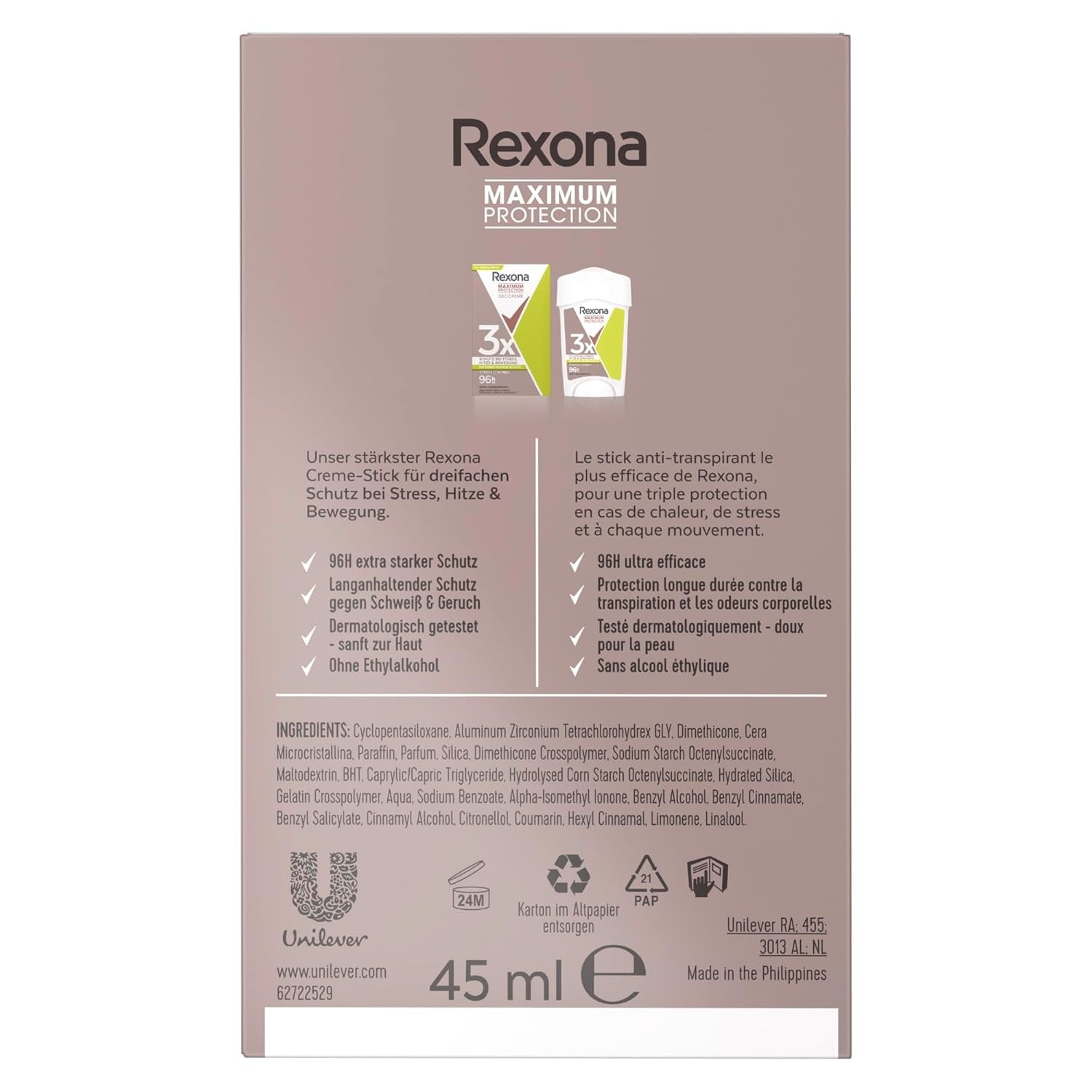 Rexona Women Maximum Protection anti Transpirant Deo Creme Stress Control Deodorant Mit 96 Stunden Schutz Gegen Starkes Schwitzen Und Geruch Mit 3X Schutz Bei Stress, Hitze & Bewegung 45 Ml