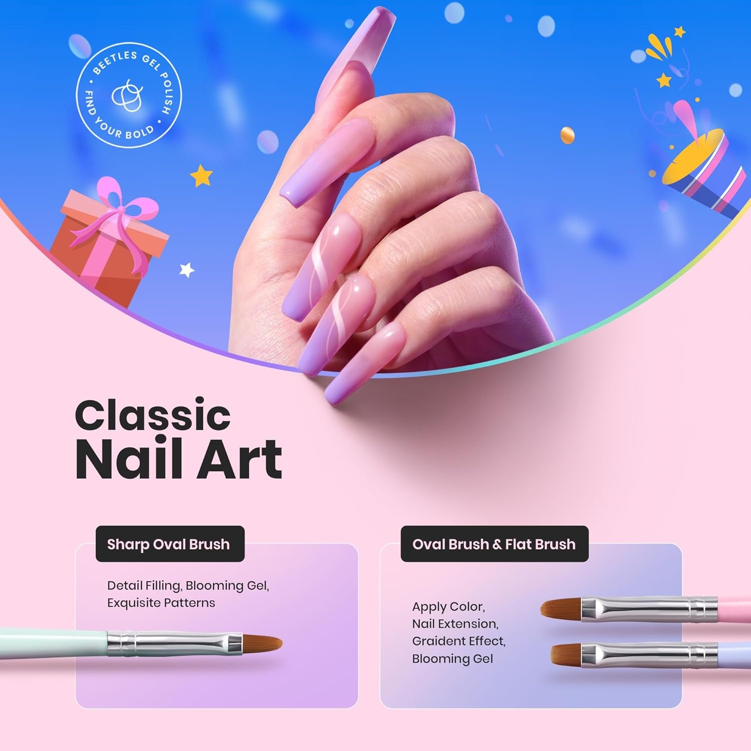 Beetles Professionelle Nagelpinsel 6 Set - Nageldesign Pinsel Nail Art Professionel Pinsel Set Für Gelnägel Nägel Uv-Gel Pinselset Gelpinsel Nagel Liner Gel-Pinsel Für Zu Hause DIY Maniküre