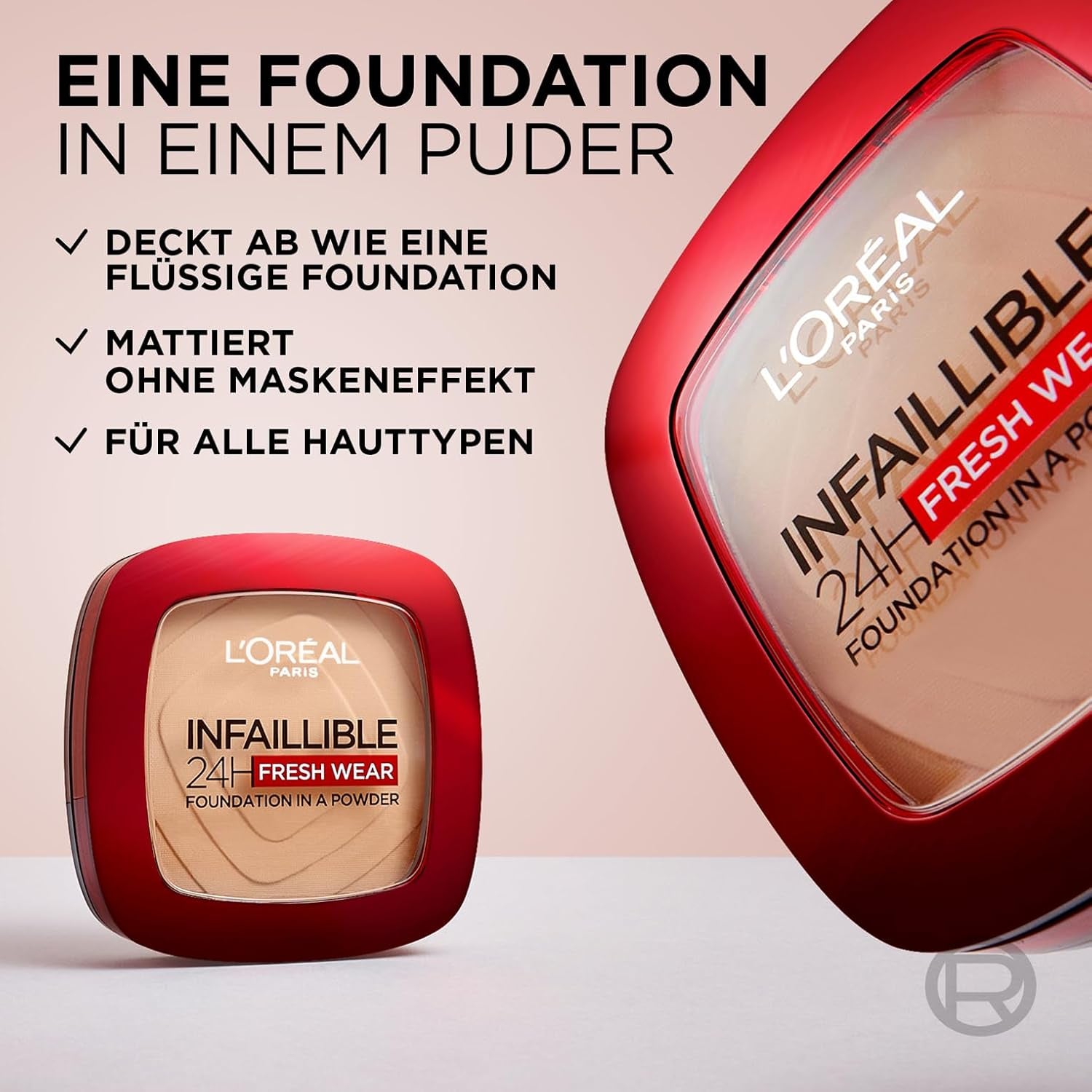 L'Oréal Paris Wasserfestes Puder Make-Up Mit Hoher Deckkraft, Deckendes Kompaktpuder Mit Mattem Finish Und 24H Halt, Infaillible 24H Fresh Wear Foundation Powder, Nr. 180 Rose Sand, 1 X 9 G