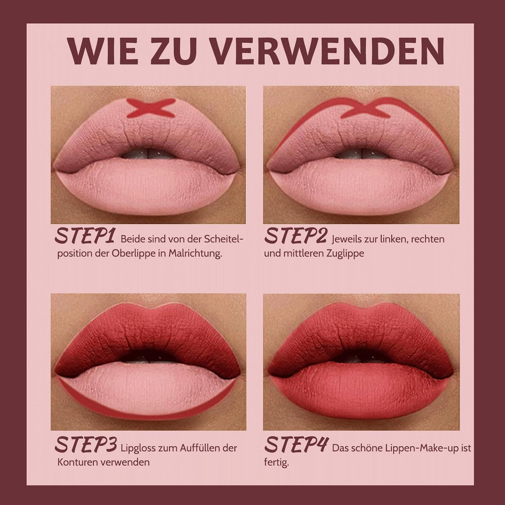 Lippenstift Lipliner Set, Matt Lipstick Rosa Lip Stain, Lippenstift Wasserfest Langanhaltender Lip Gloss Nude Lipsticks Lip Liner Velvet Nicht Klebende, Vegane, Gluten Free