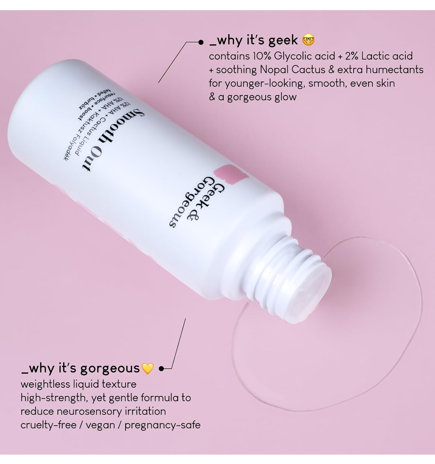 Geek & Gorgeous SMOOTH OUT - Gesichtspeeling Mit 12% AHA Und Beruhigendem Feigenkaktus Extrakt - Für Normale, Trockene, Fettige Und Mischhaut - 100 Ml Flasche
