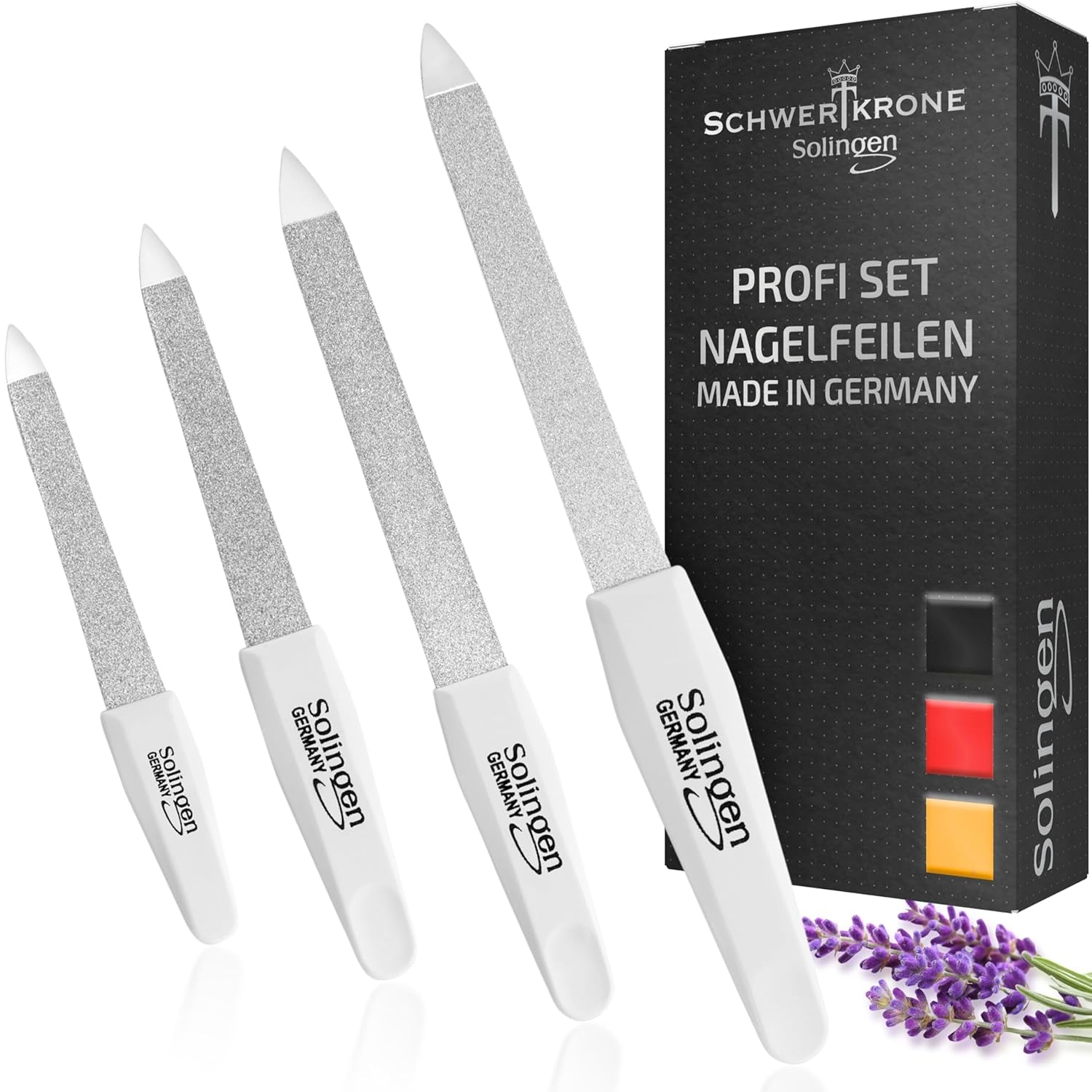 SCHWERTKRONE ® 4Er Set Saphir-Nagelfeilen [MADE in SOLINGEN - GERMANY] - Nagelfeilen Naturnägel Nail File - Nagelfeile Feilen Nägel - Für Maniküre Und Pediküre - Fein Und Grob in 4 Größen